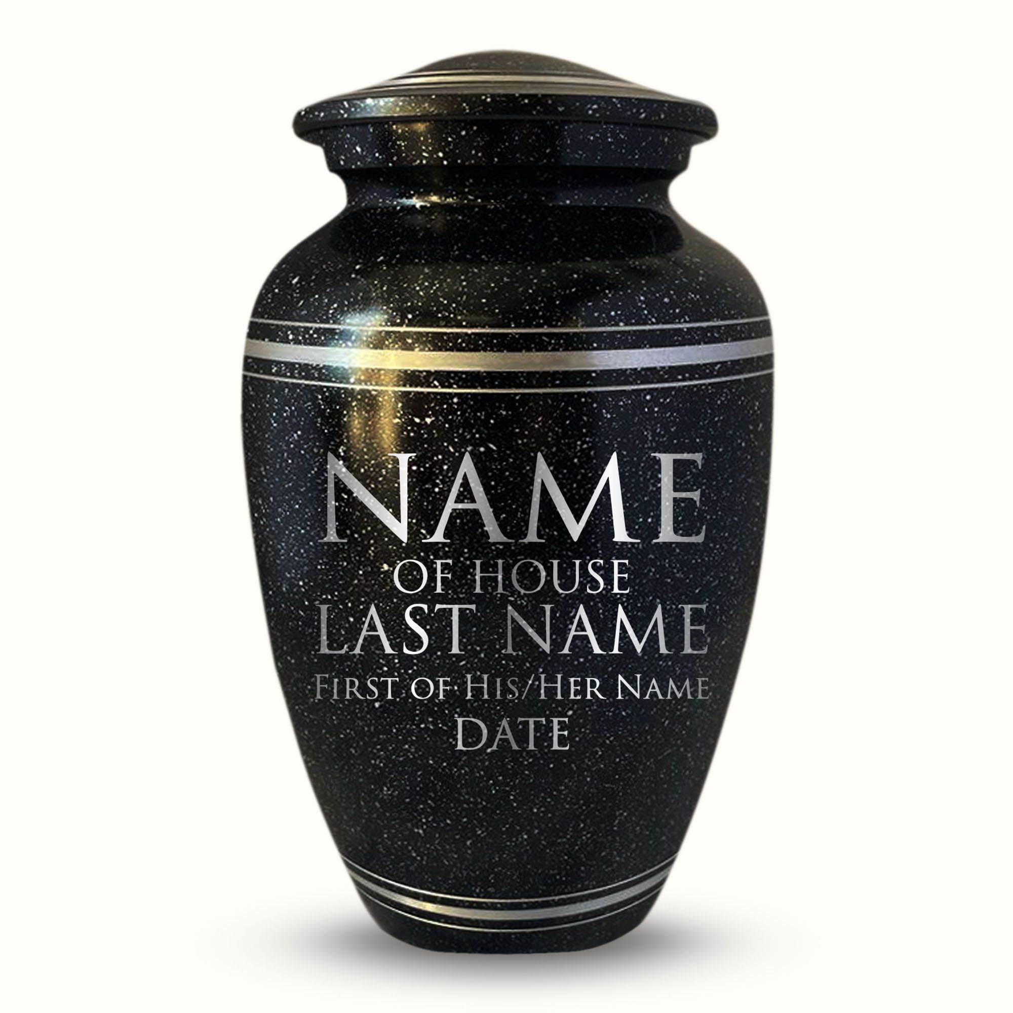 Spotted Black Aluminum with Silver Rim Human Cremation Urn - 200 Cubic Inch | Fantasy Memorial