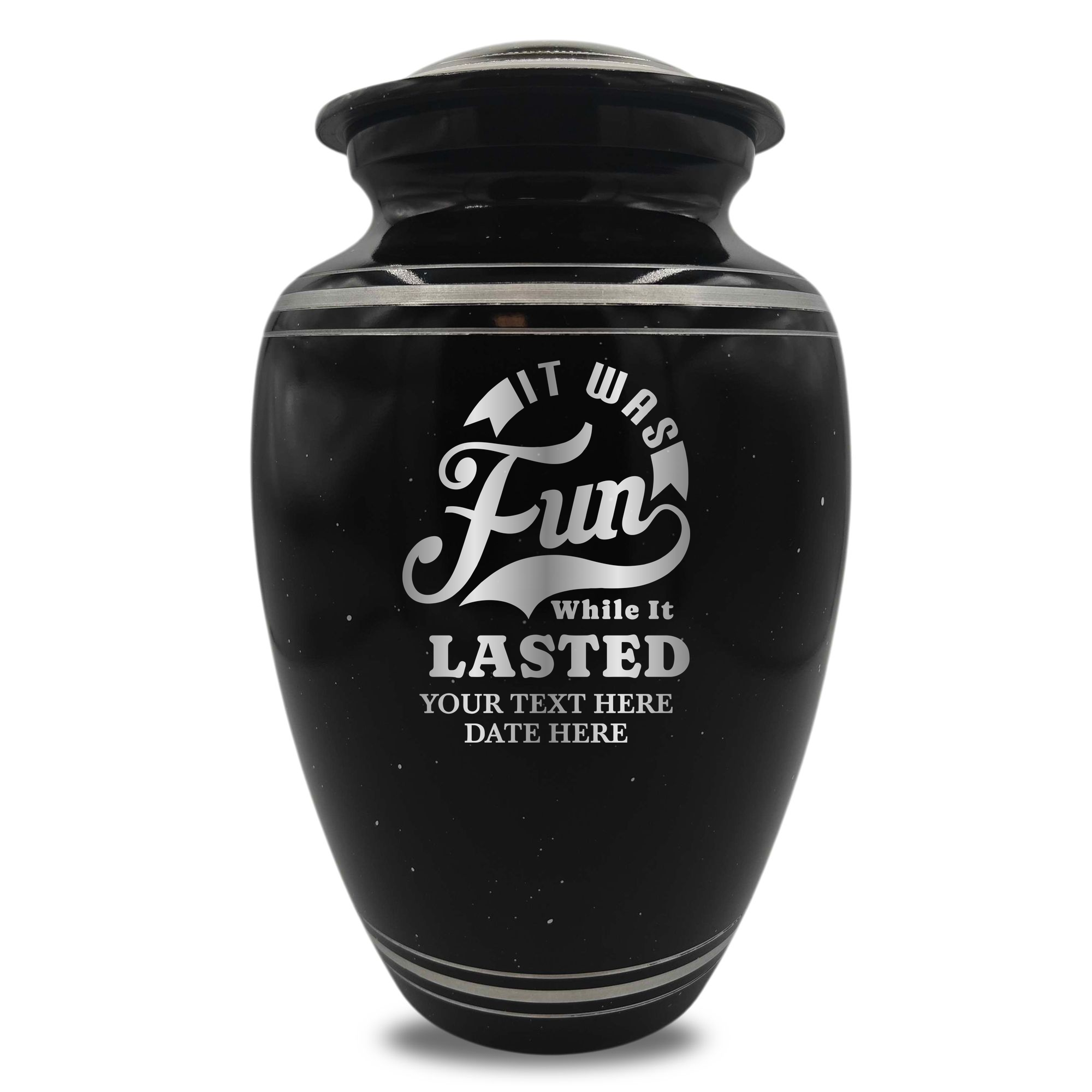 Spotted Black Aluminum with Silver Rim Human Cremation Urn - 200 Cubic Inch | Dark Humor