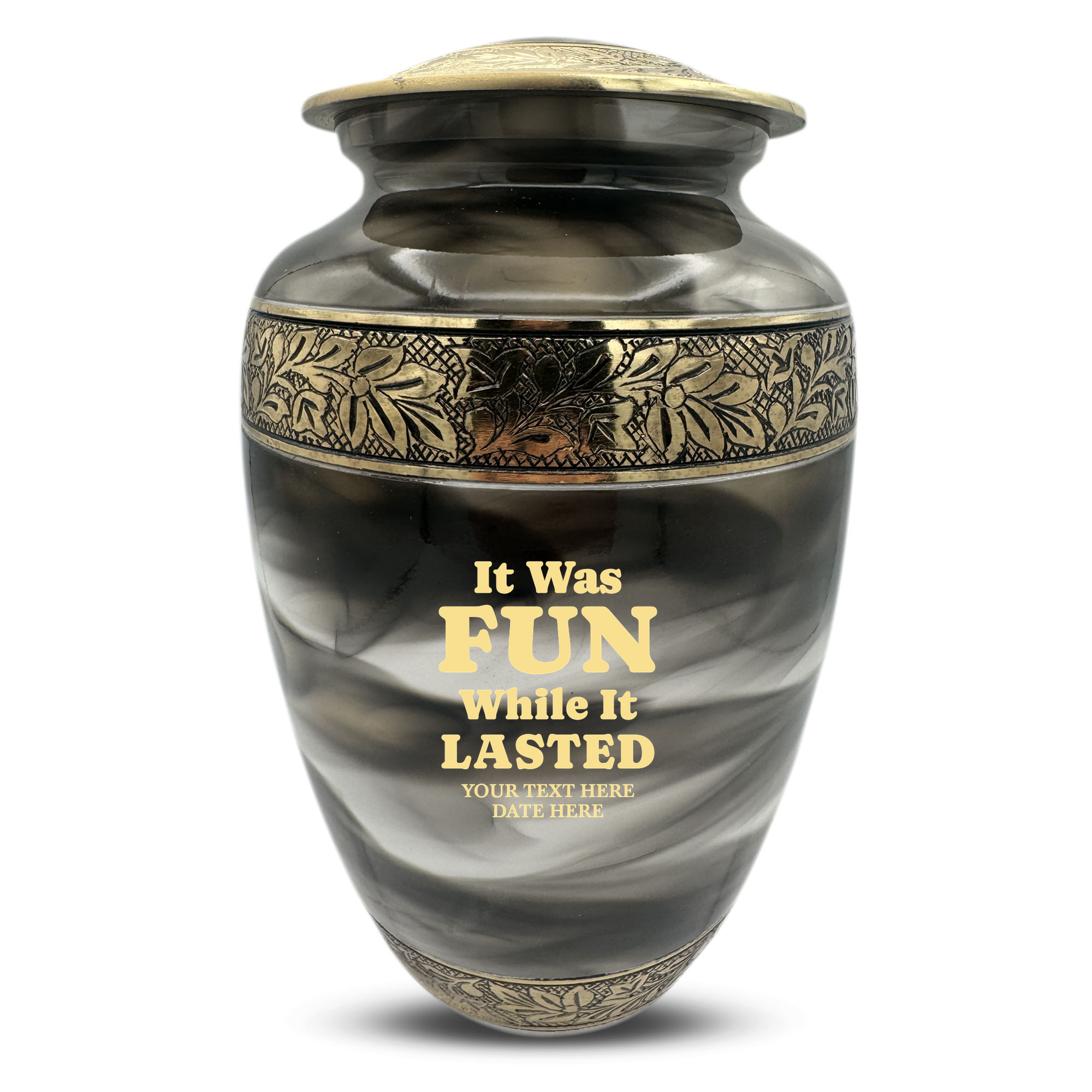 Custom Aluminum Cremation Urn for Human Ashes - Suzesta Pearl White Memorial Urn - Dark Humor Design - 200 Cubic Inch