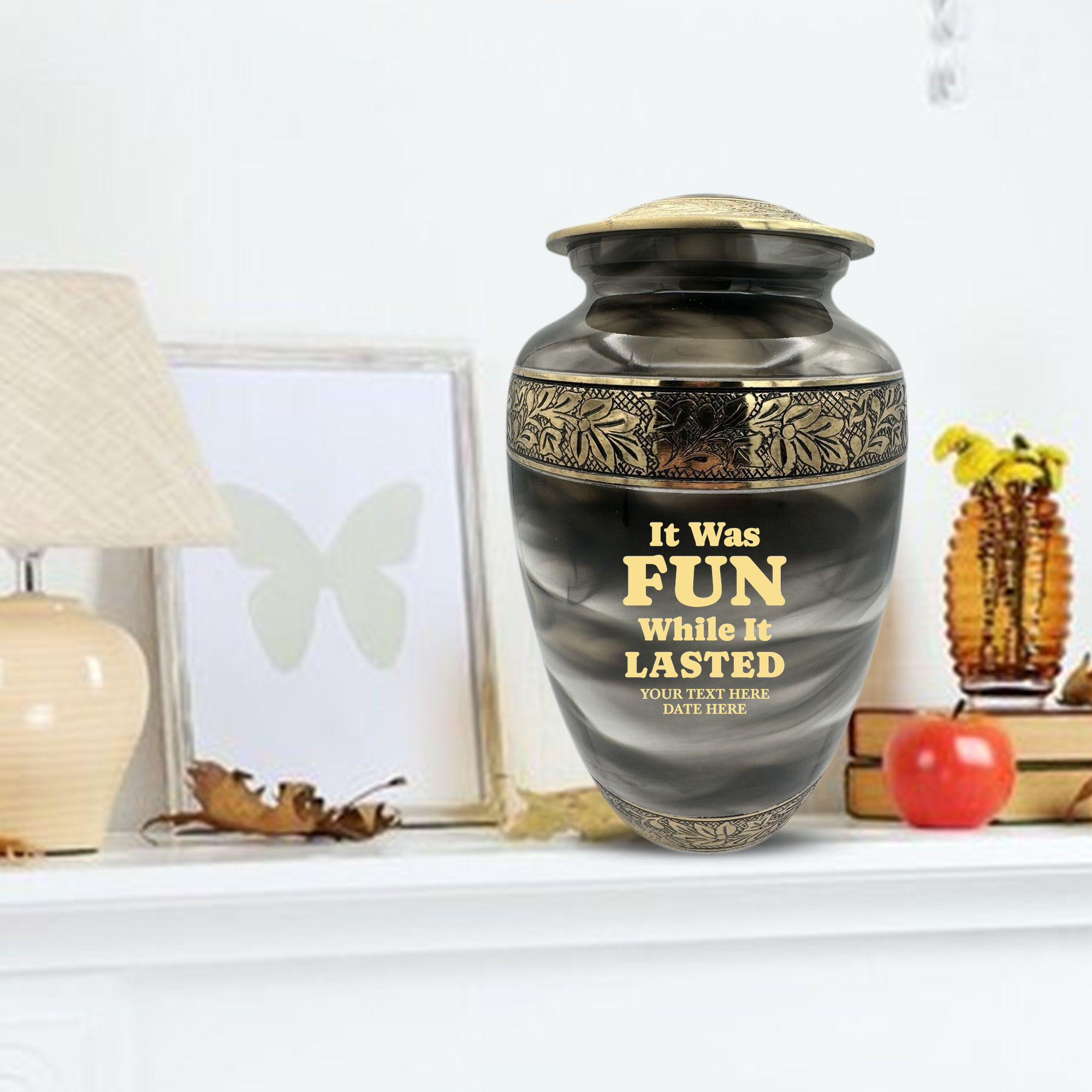 Custom Aluminum Cremation Urn for Human Ashes - Suzesta Pearl White Memorial Urn - Dark Humor Design - 200 Cubic Inch