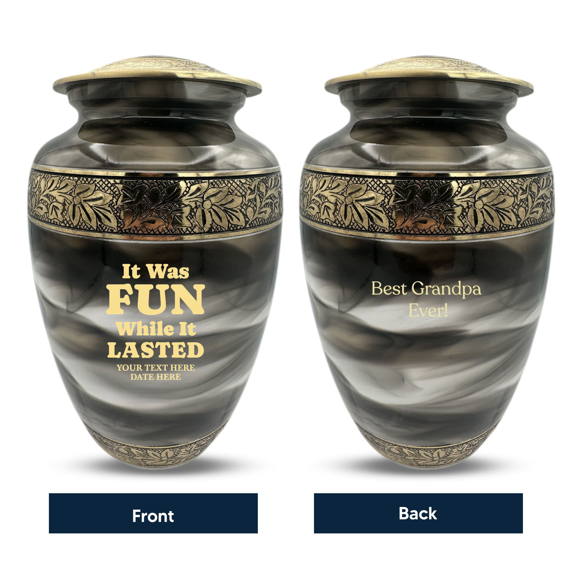 Custom Aluminum Cremation Urn for Human Ashes - Suzesta Pearl White Memorial Urn - Dark Humor Design - 200 Cubic Inch