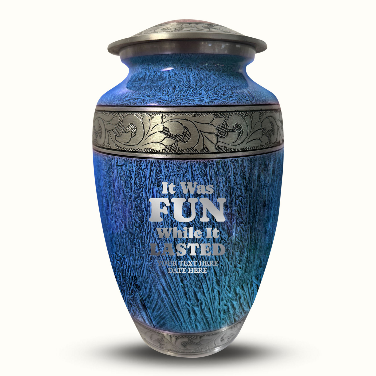 Custom Aluminum Human Urn - Elevate Collection - Dark Humor Design - Distressed Finish - 200 Cubic Inch