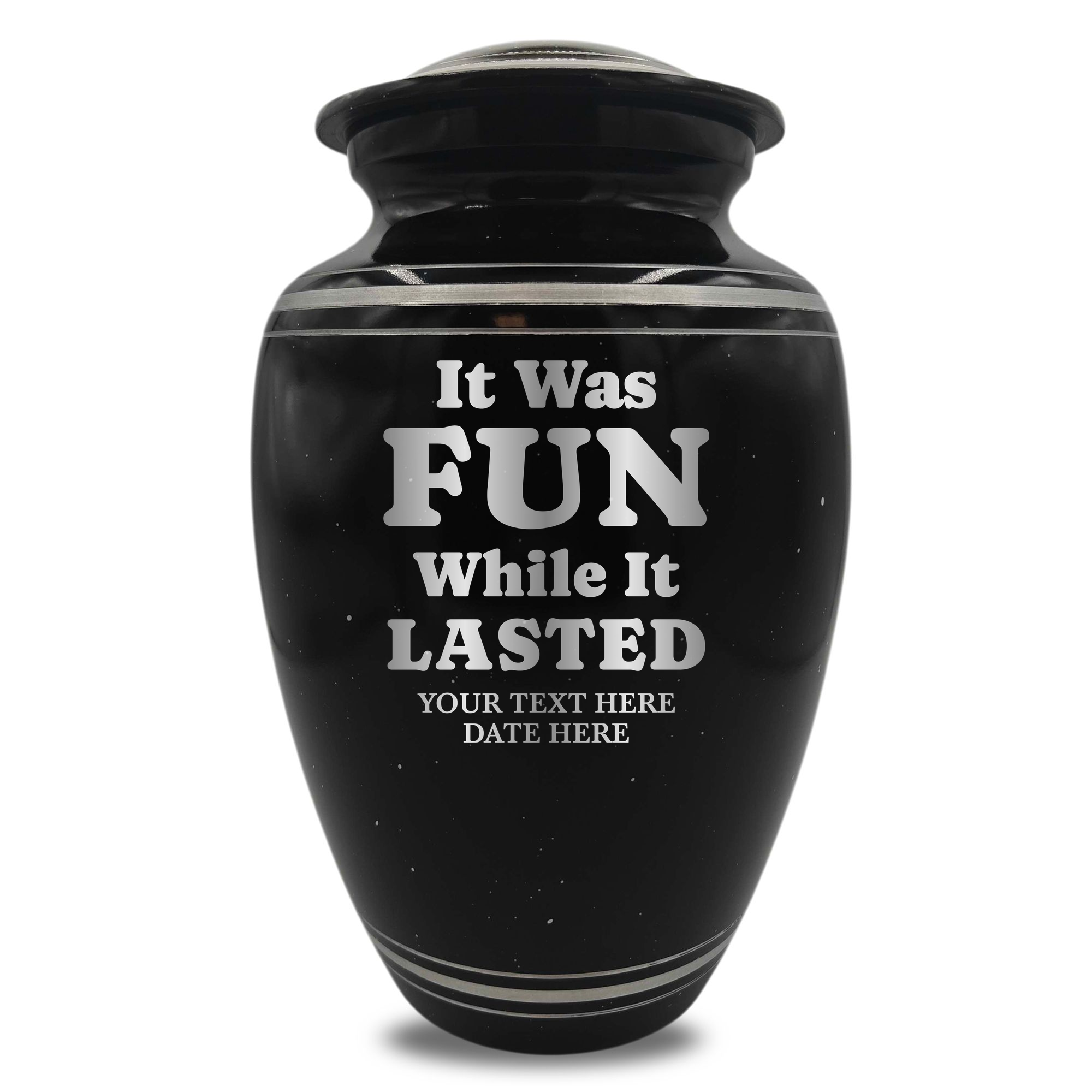 Spotted Black Aluminum with Silver Rim Human Cremation Urn - 200 Cubic Inch | Afterlife Humor