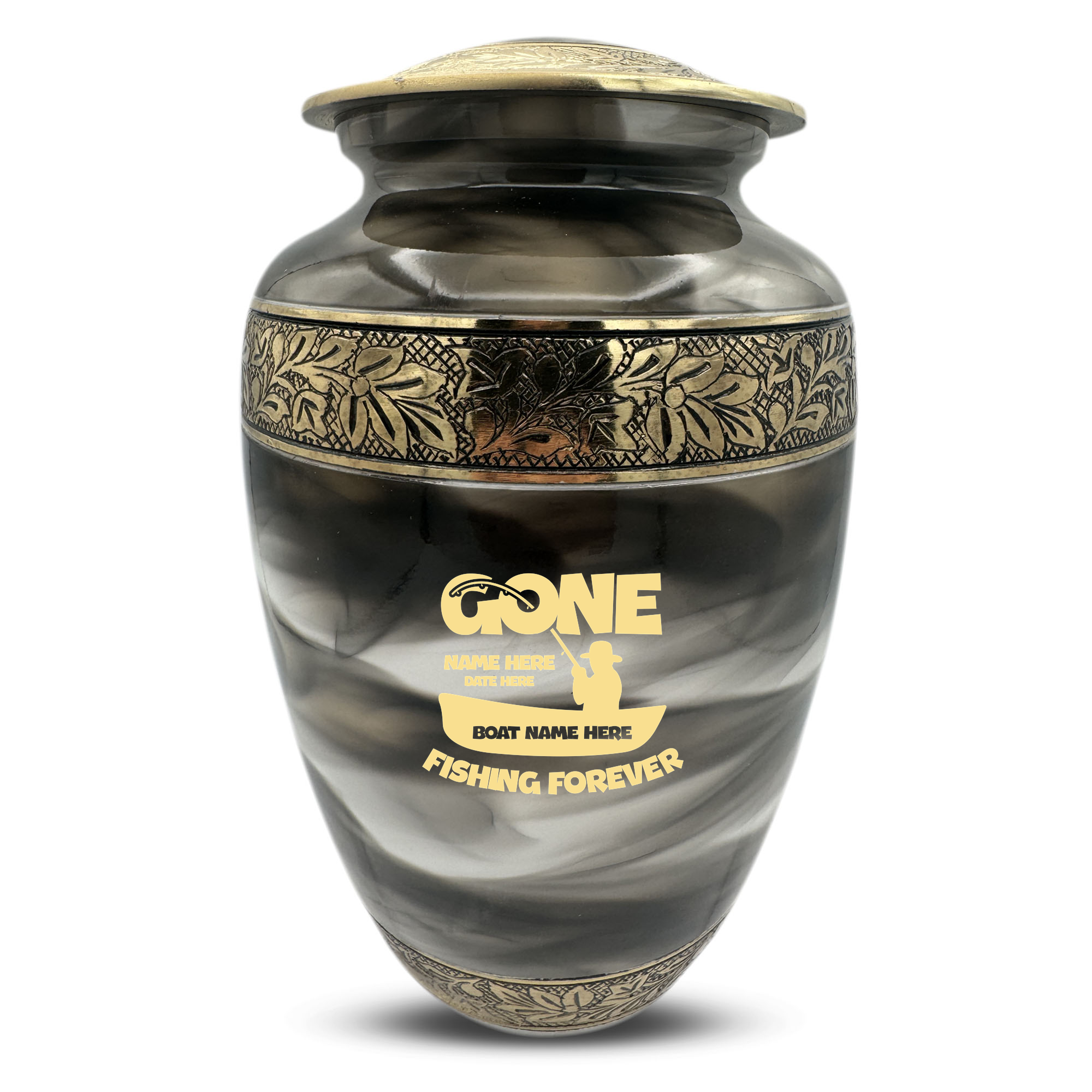 Custom Aluminum Cremation Urn for Human Ashes - Suzesta Pearl White Memorial Urn - Funny Fishing Design - 200 Cubic Inch