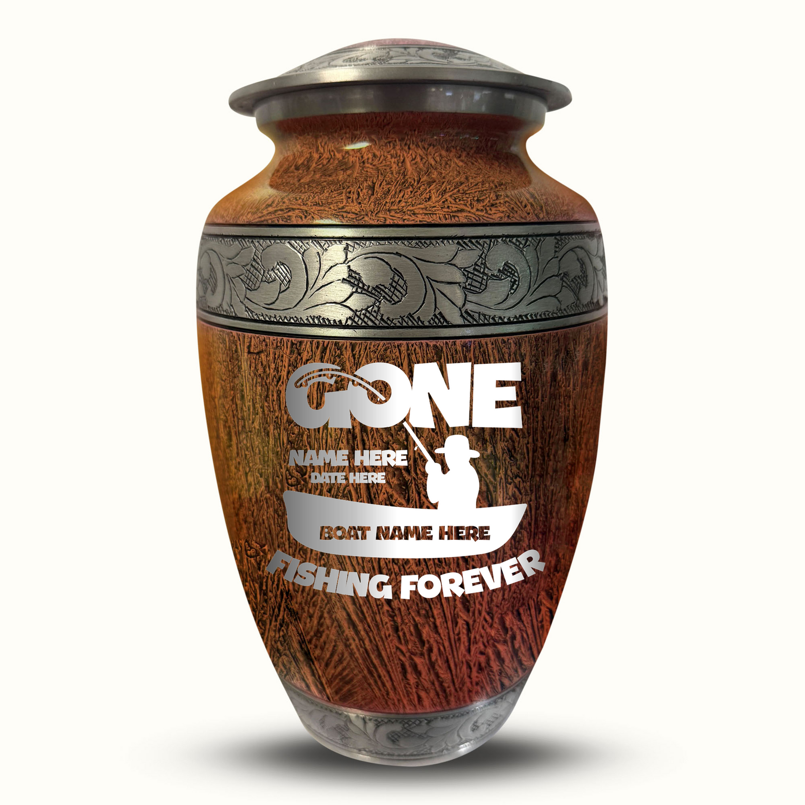 Custom Aluminum Human Urn - Elevate Collection - Funny Fishing Design - Distressed Finish - 200 Cubic Inch
