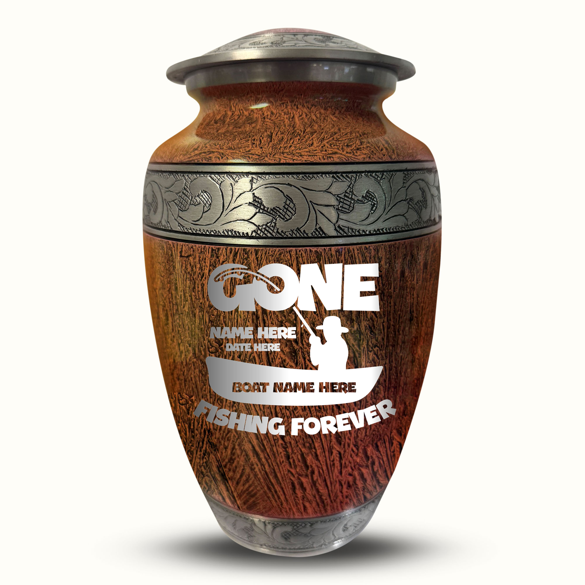 Custom Large Cremation Urn for Human Ashes - Elevate Collection - Funny Fishing Design - Distressed Finish - 200 Cubic Inch