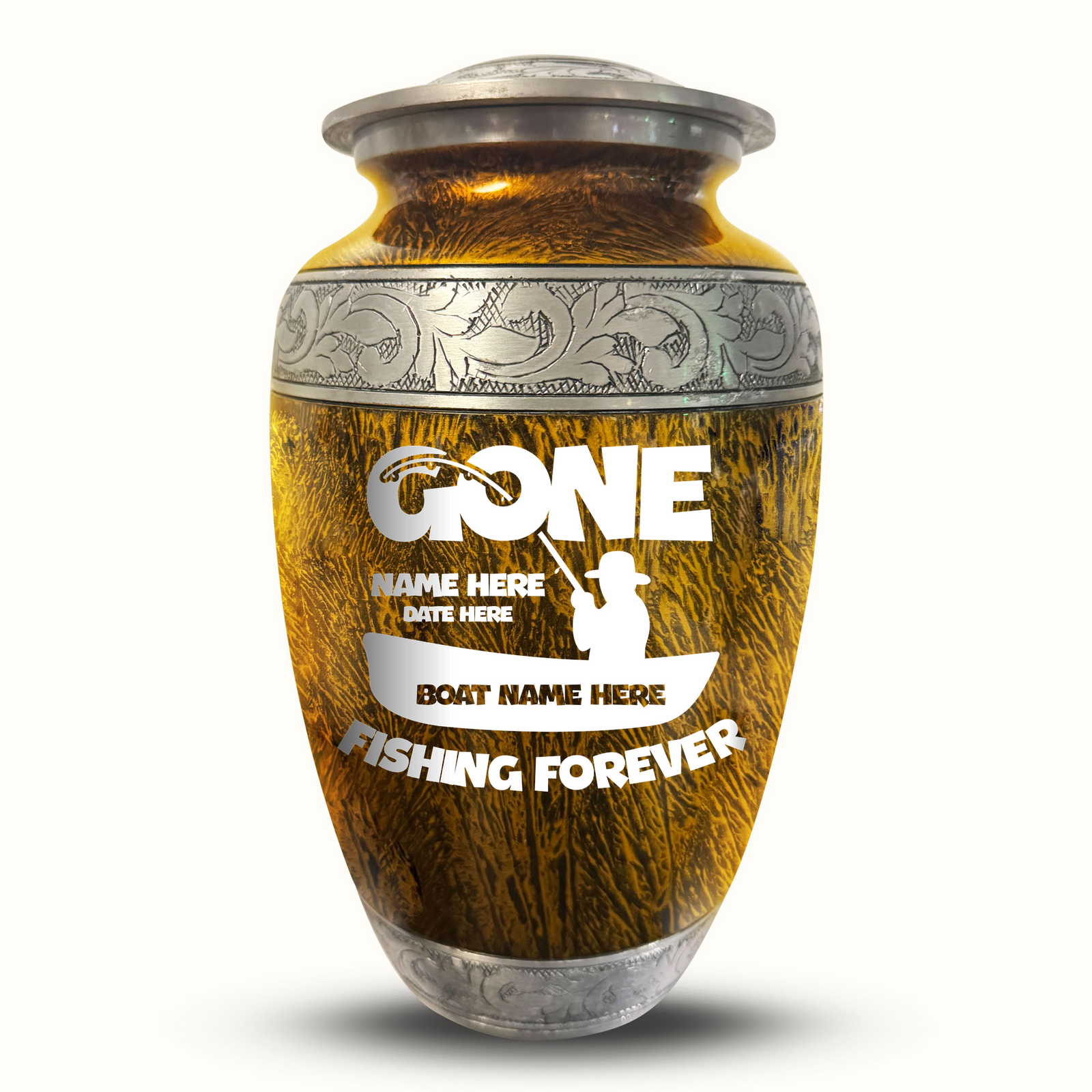 Custom Aluminum Human Urn - Elevate Collection - Funny Fishing Design - Distressed Finish - 200 Cubic Inch