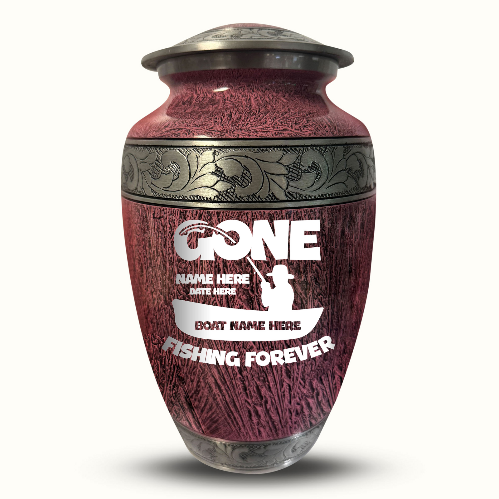 Custom Aluminum Human Urn - Elevate Collection - Funny Fishing Design - Distressed Finish - 200 Cubic Inch