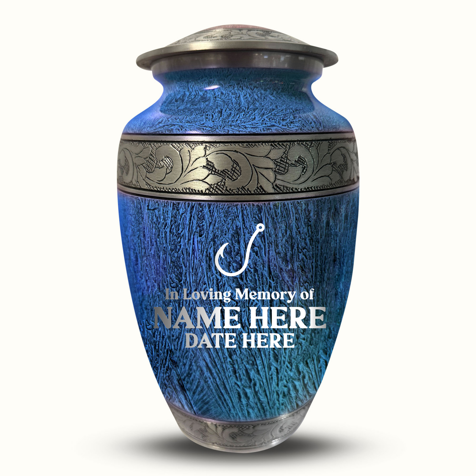 Custom Aluminum Human Urn - Elevate Collection - Funny Fishing Design - Distressed Finish - 200 Cubic Inch