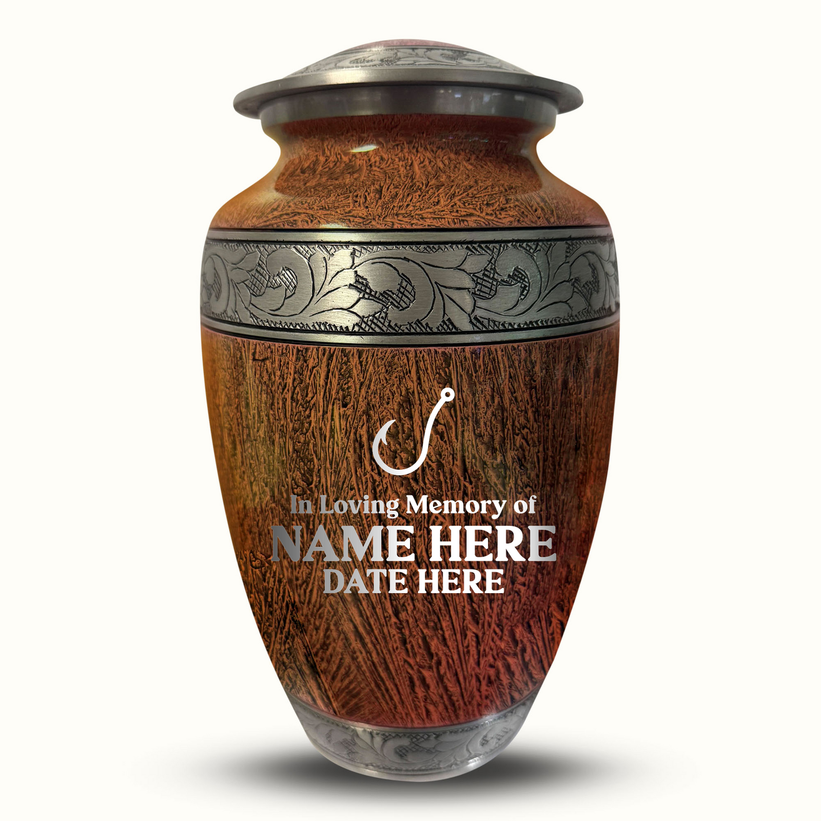 Custom Aluminum Human Urn - Elevate Collection - Funny Fishing Design - Distressed Finish - 200 Cubic Inch