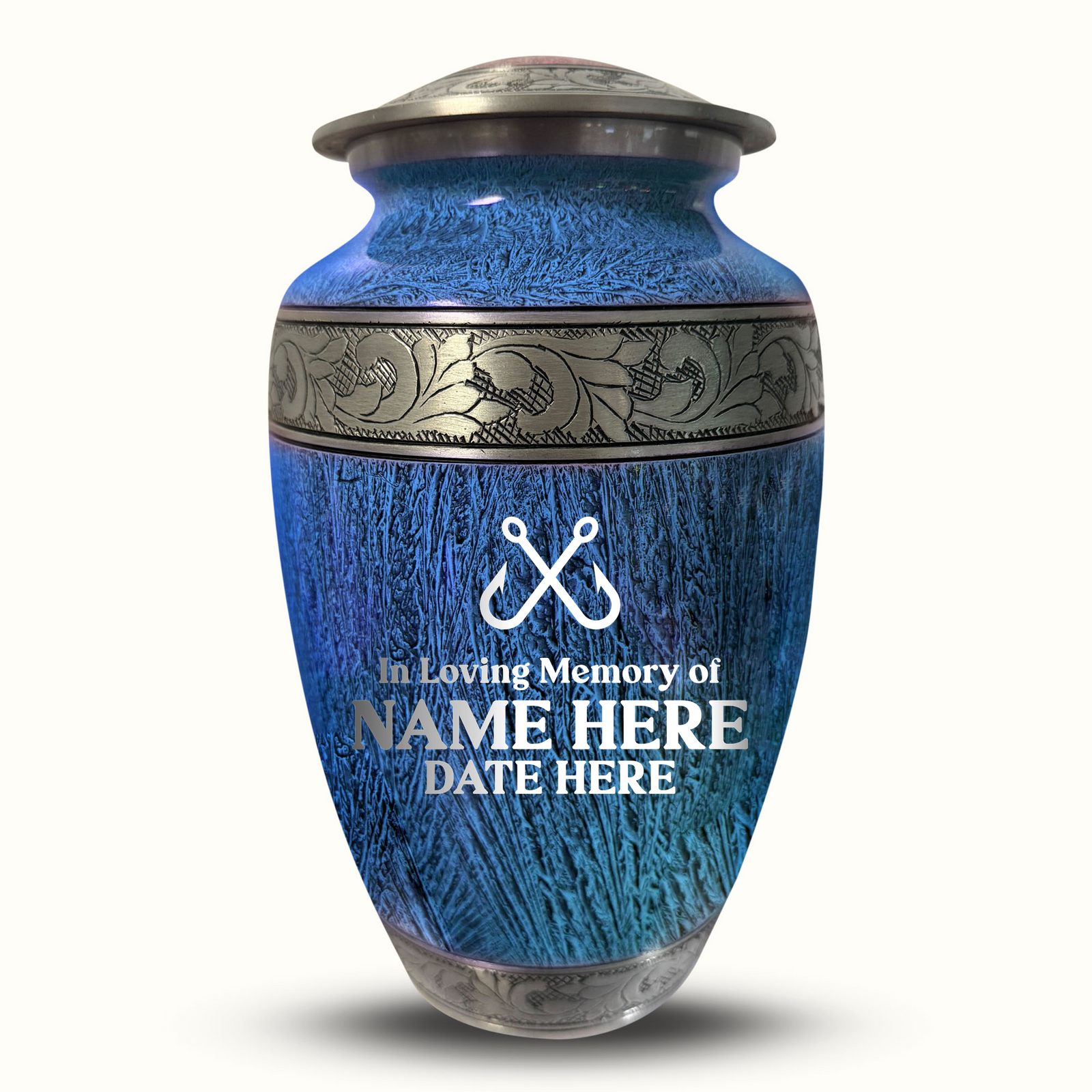 Custom Aluminum Human Urn - Elevate Collection - Funny Fishing Design - Distressed Finish - 200 Cubic Inch