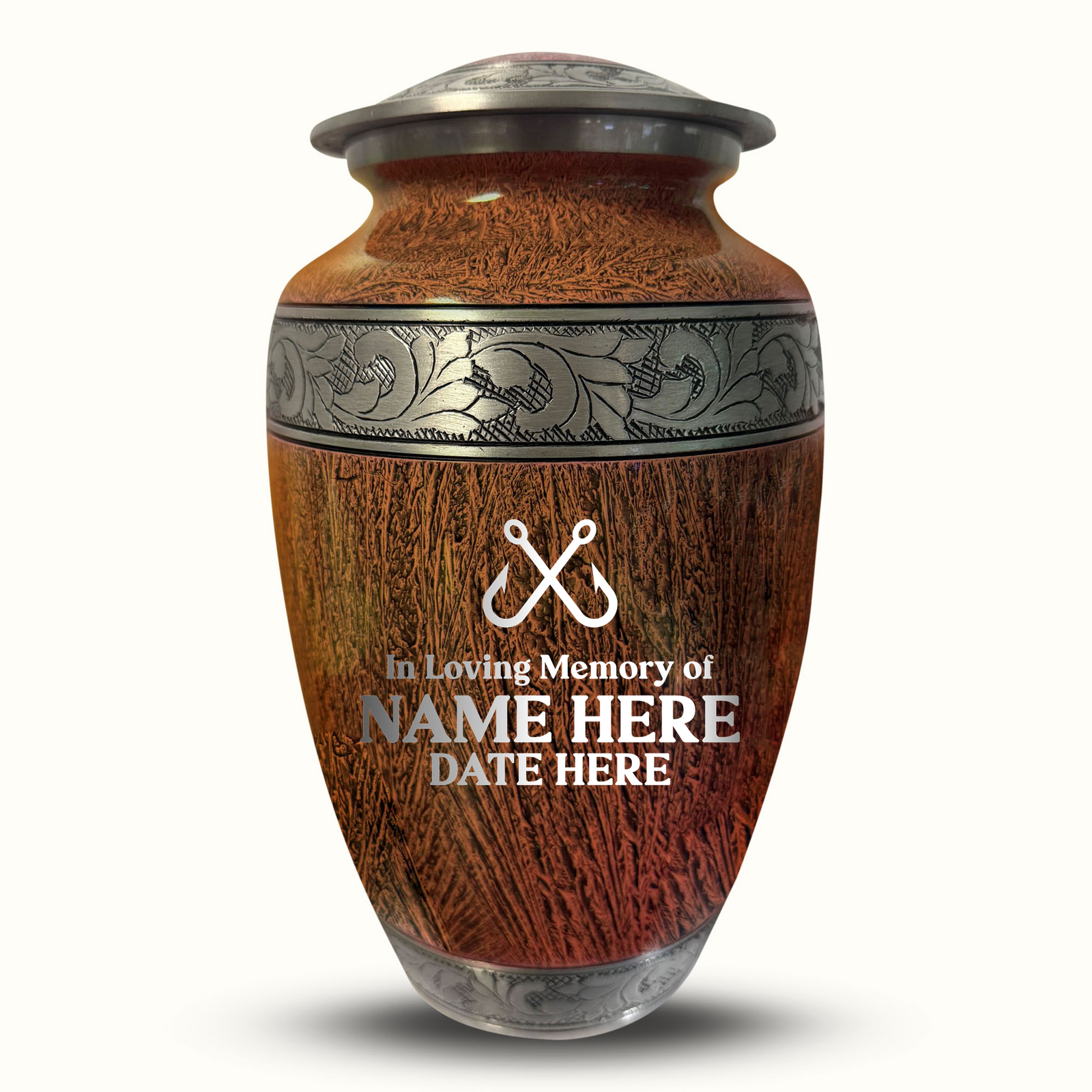 Custom Aluminum Human Urn - Elevate Collection - Funny Fishing Design - Distressed Finish - 200 Cubic Inch