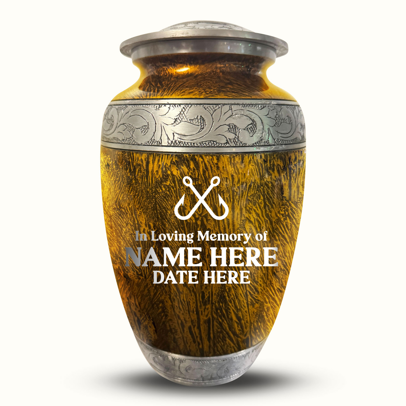Custom Aluminum Human Urn - Elevate Collection - Funny Fishing Design - Distressed Finish - 200 Cubic Inch