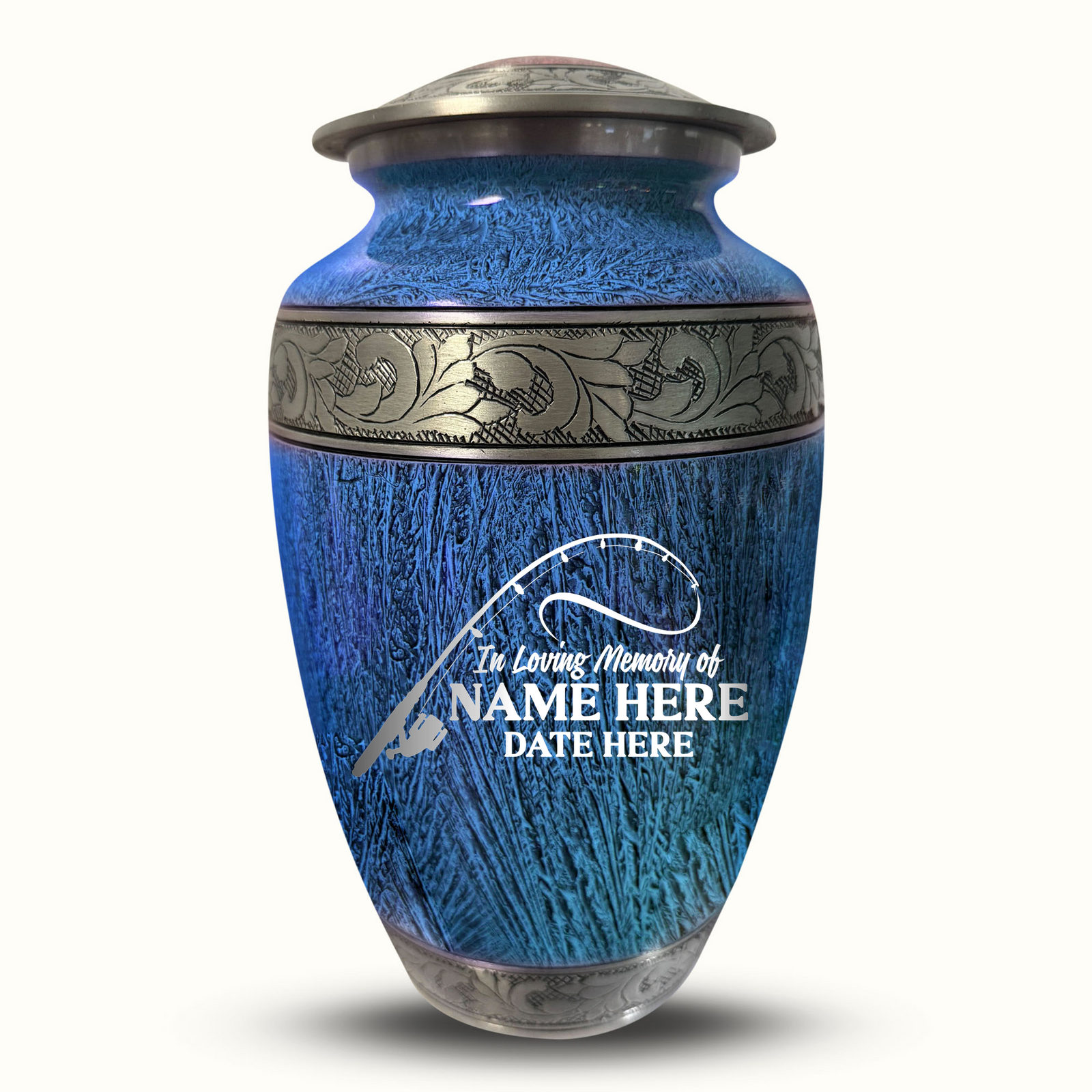 Custom Aluminum Human Urn - Elevate Collection - Funny Fishing Design - Distressed Finish - 200 Cubic Inch
