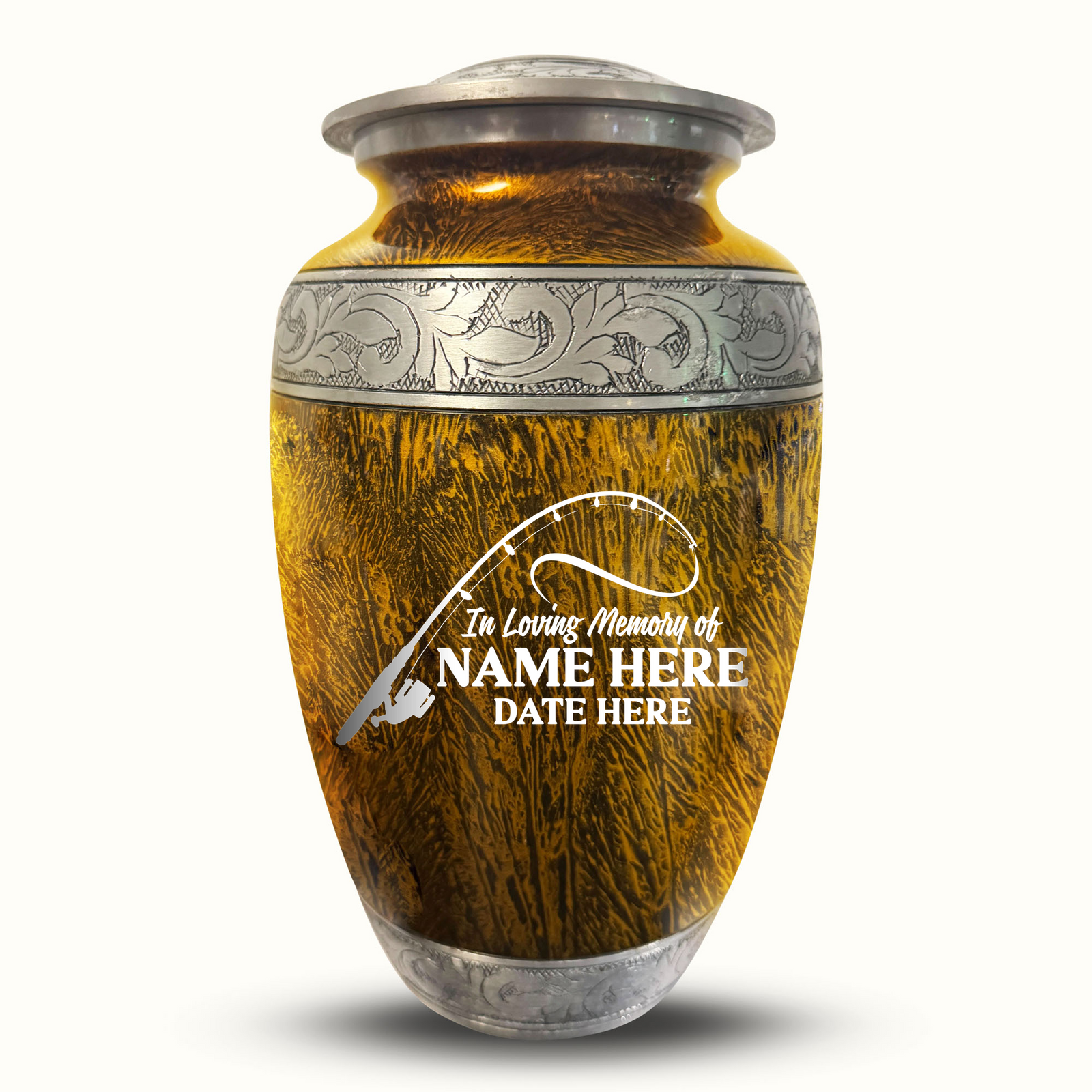 Custom Aluminum Human Urn - Elevate Collection - Funny Fishing Design - Distressed Finish - 200 Cubic Inch