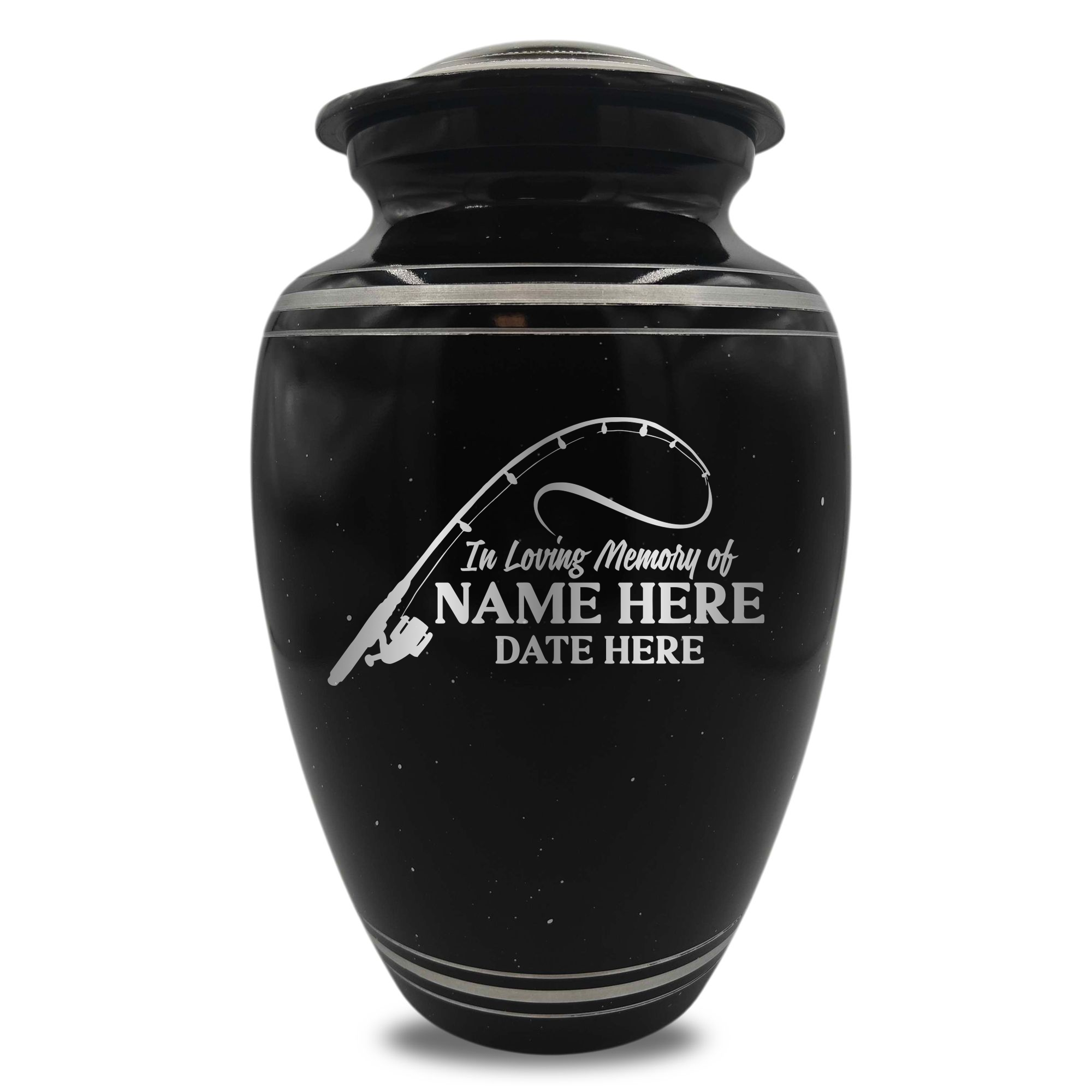 Spotted Black Aluminum with Silver Rim Human Cremation Urn - 200 Cubic Inch | Fisherman Tribute