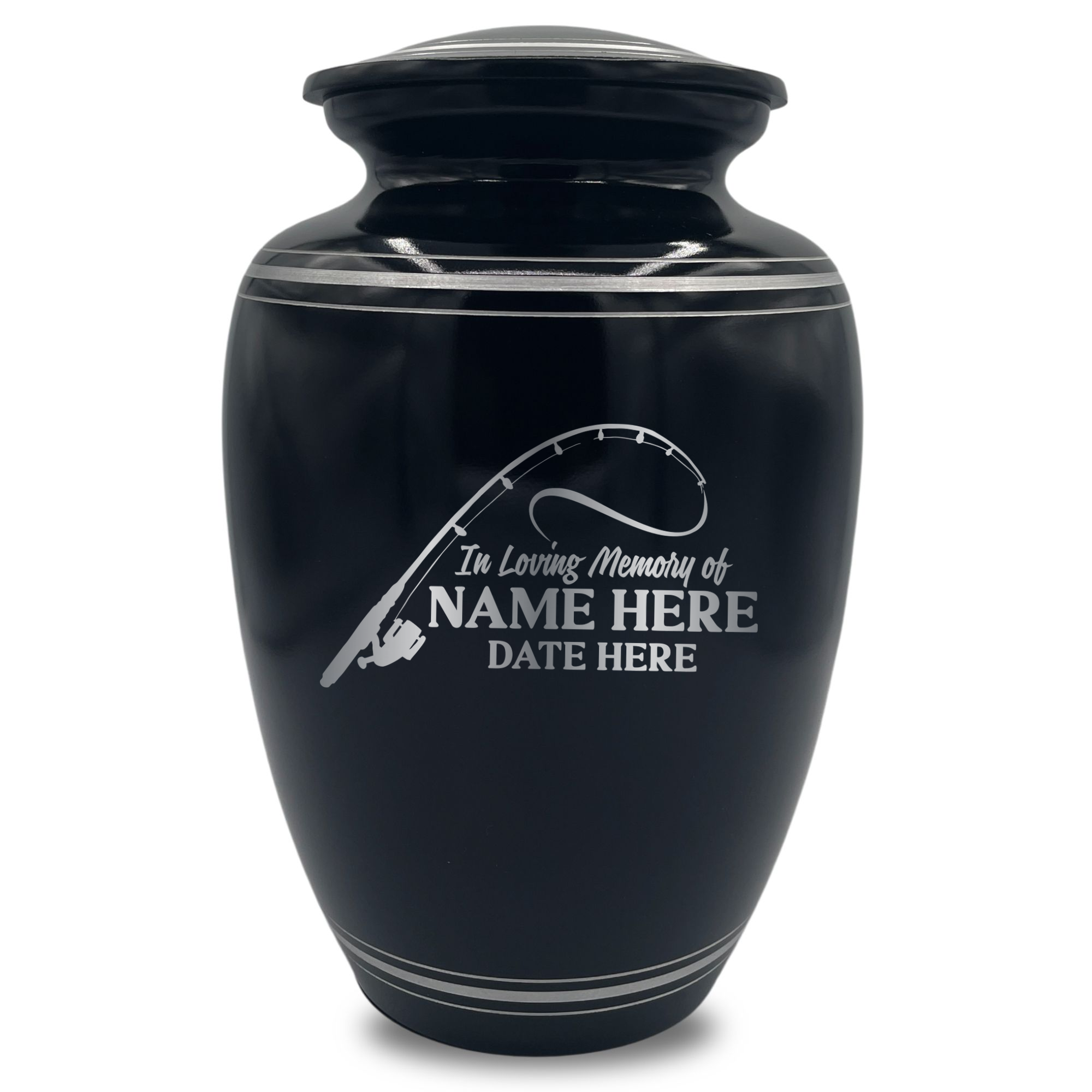 Human Cremation Urn - 350 Cubic Inch Capacity - Black with Silver Rim | Fisherman Tribute Collection
