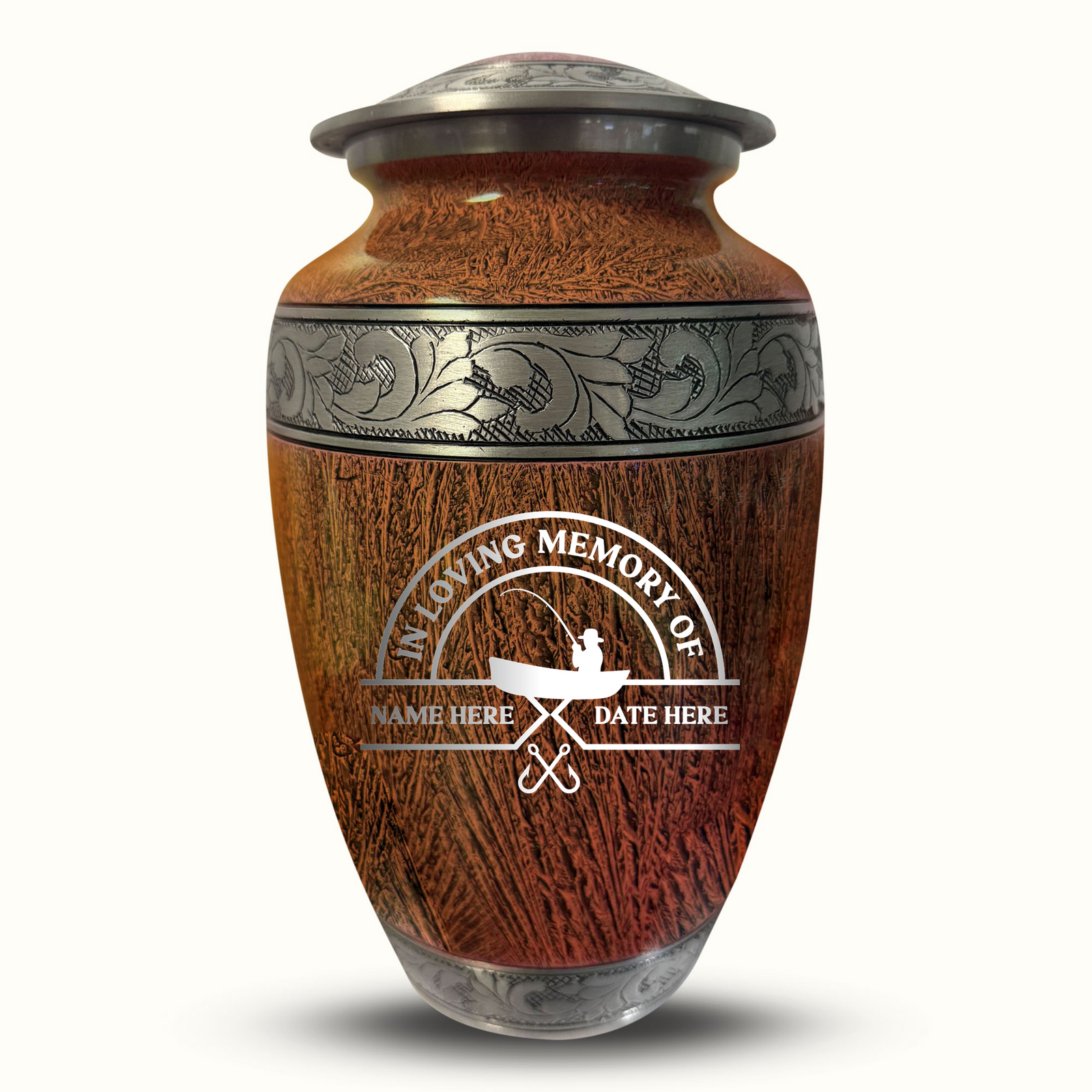 Custom Aluminum Human Urn - Elevate Collection - Funny Fishing Design - Distressed Finish - 200 Cubic Inch