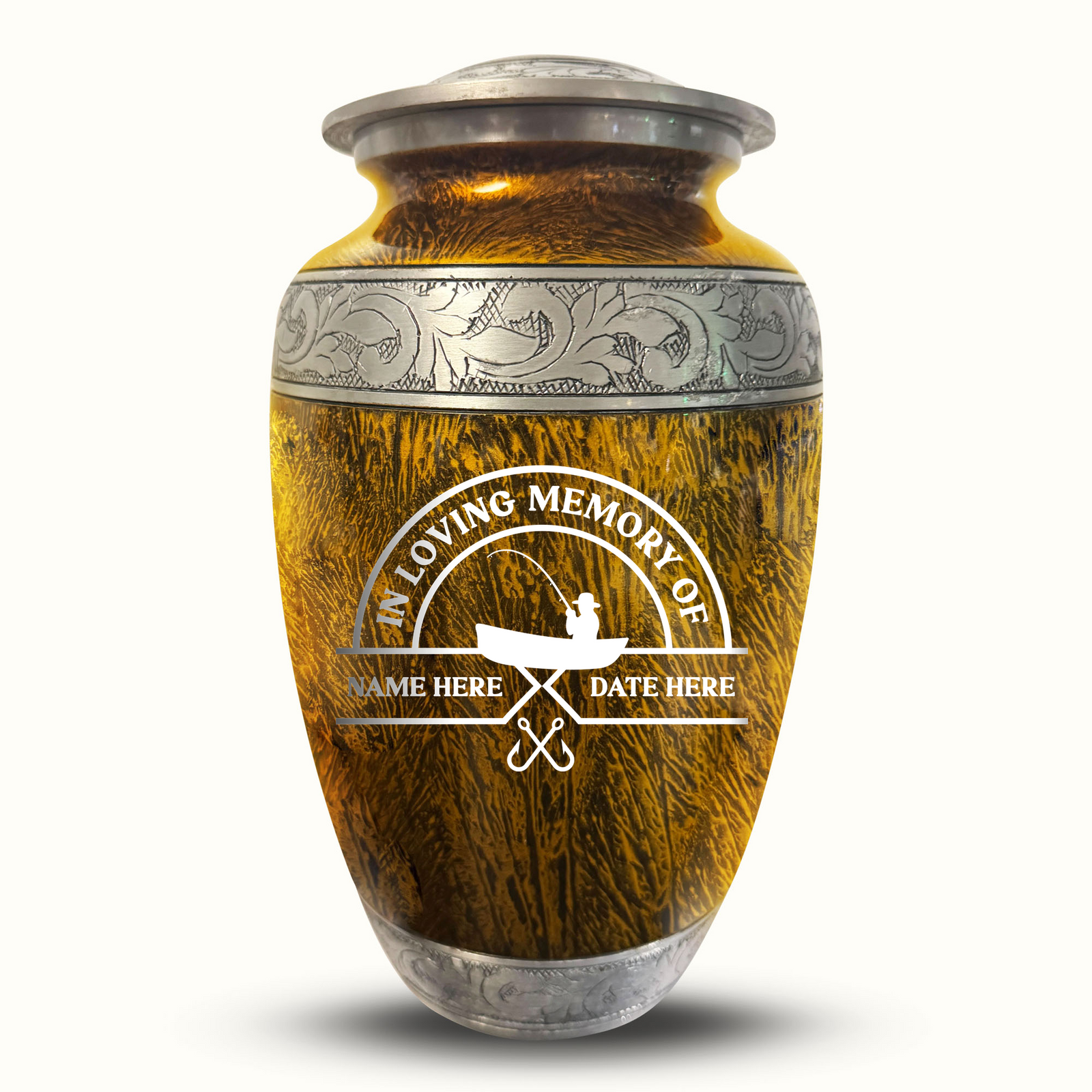 Custom Aluminum Human Urn - Elevate Collection - Funny Fishing Design - Distressed Finish - 200 Cubic Inch