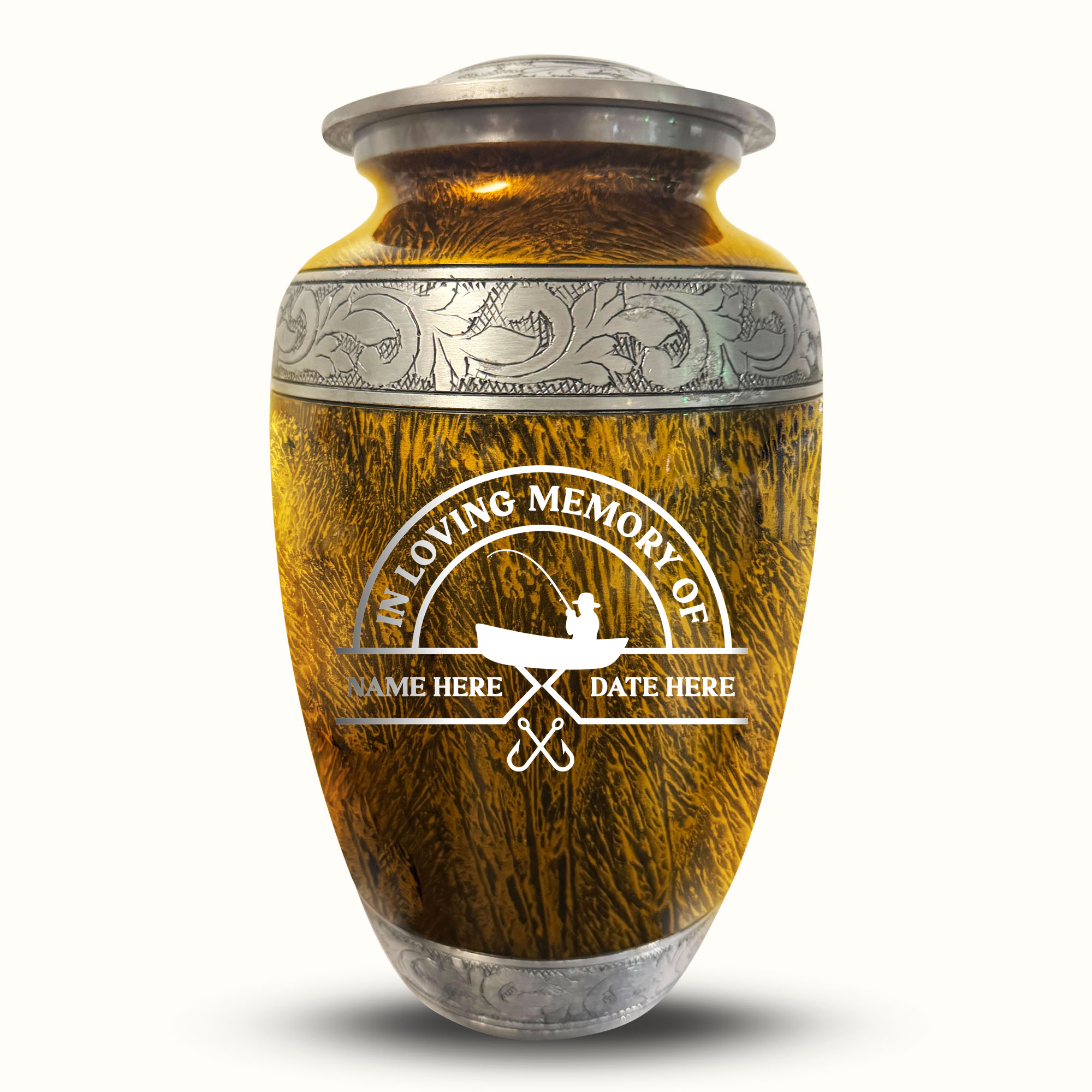 Custom Large Cremation Urn for Human Ashes - Elevate Collection - Funny Fishing Design - Distressed Finish - 200 Cubic Inch