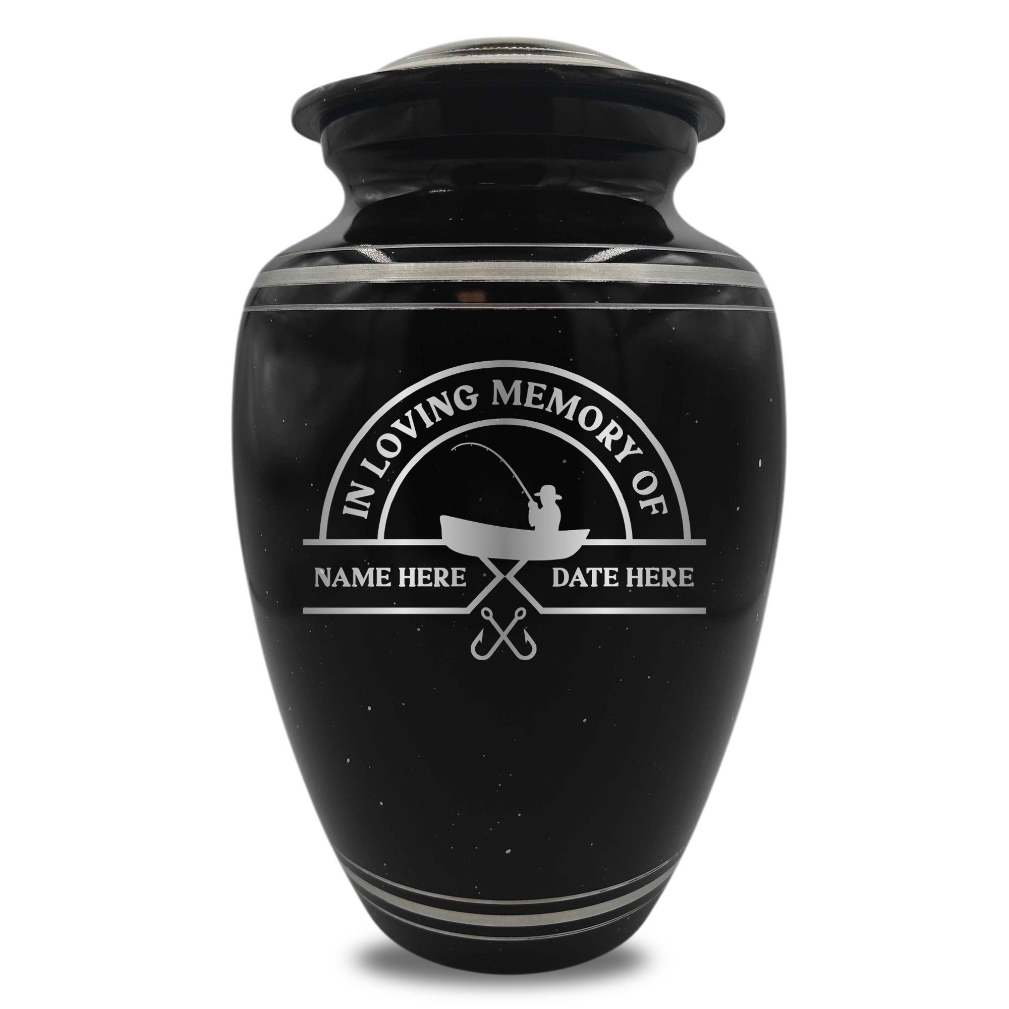 Spotted Black Aluminum with Silver Rim Human Cremation Urn - 200 Cubic Inch | Fisherman Tribute