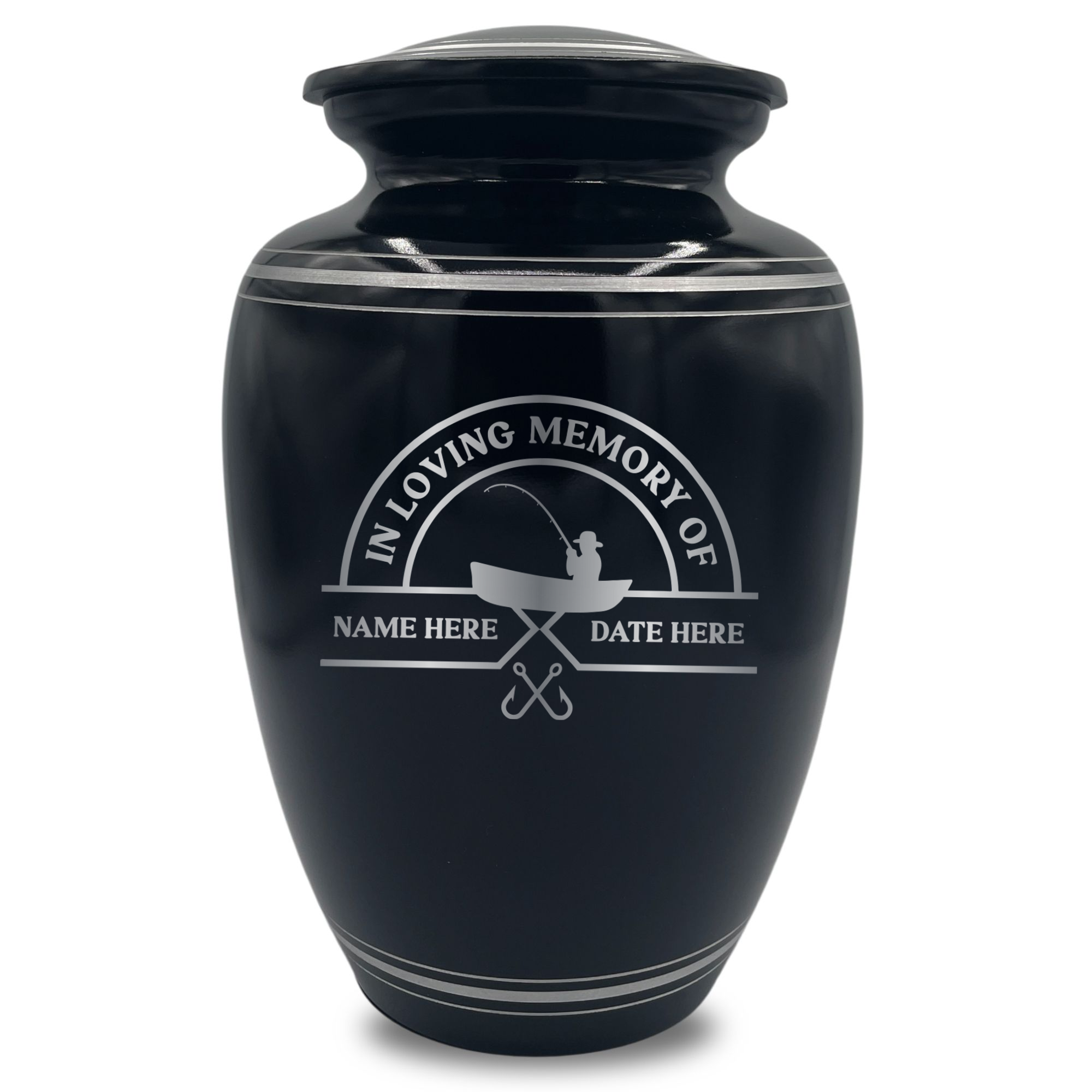 Human Cremation Urn - 350 Cubic Inch Capacity - Black with Silver Rim | Fisherman Tribute Collection