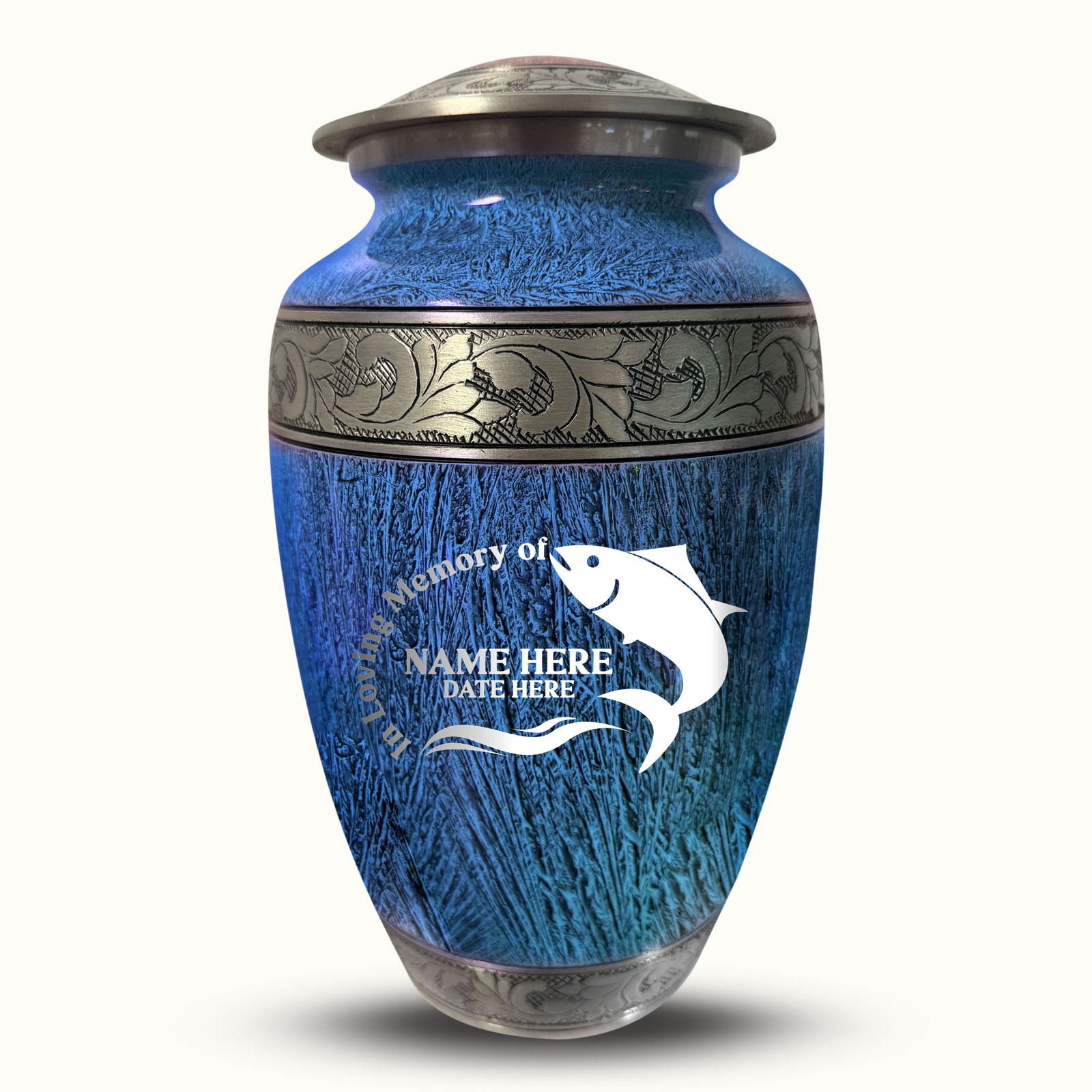 Custom Aluminum Human Urn - Elevate Collection - Funny Fishing Design - Distressed Finish - 200 Cubic Inch