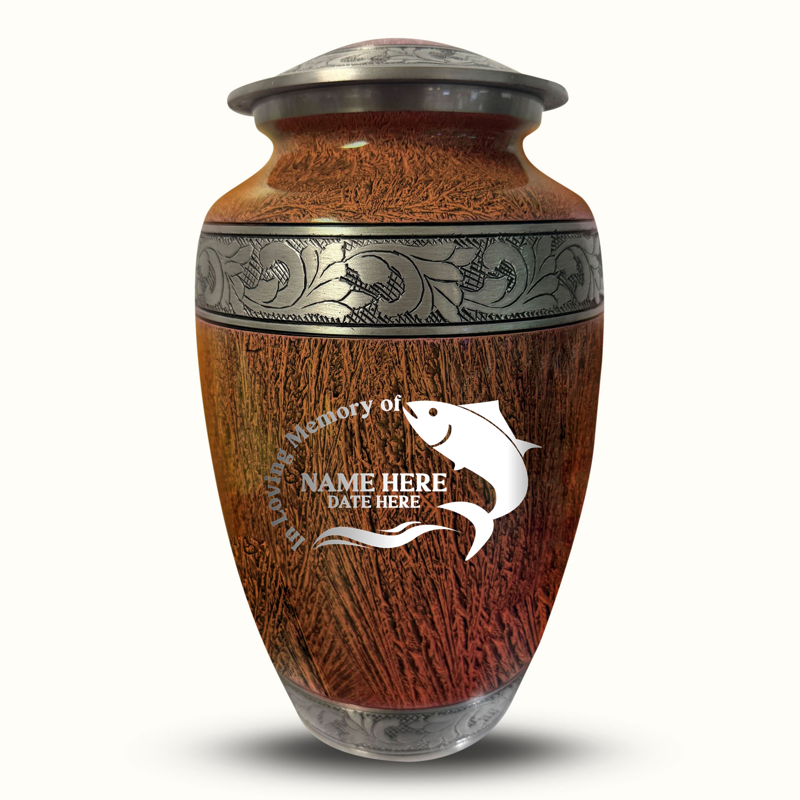Custom Aluminum Human Urn - Elevate Collection - Funny Fishing Design - Distressed Finish - 200 Cubic Inch