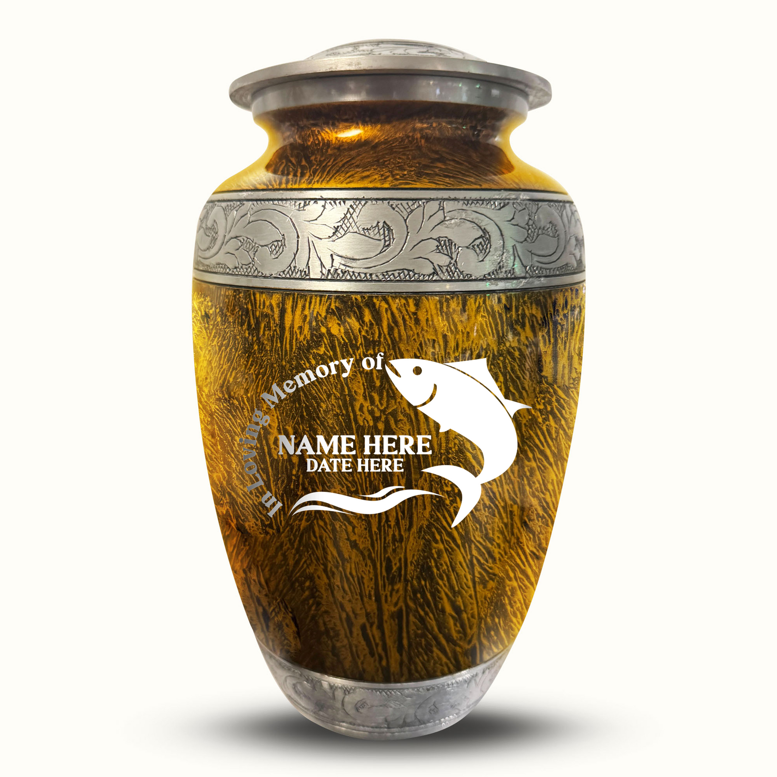 Custom Aluminum Human Urn - Elevate Collection - Funny Fishing Design - Distressed Finish - 200 Cubic Inch
