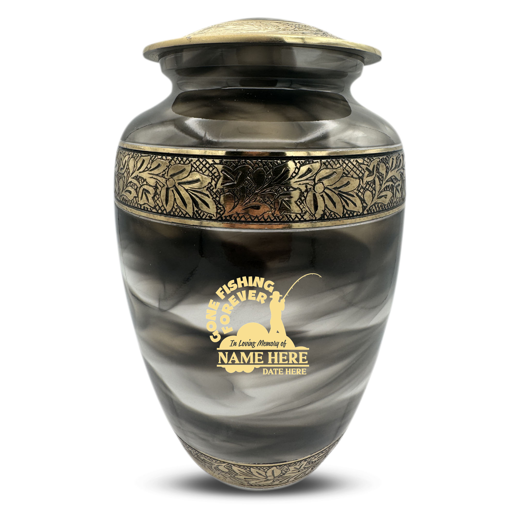 Custom Aluminum Cremation Urn for Human Ashes - Suzesta Pearl White Memorial Urn - Funny Fishing Design - 200 Cubic Inch