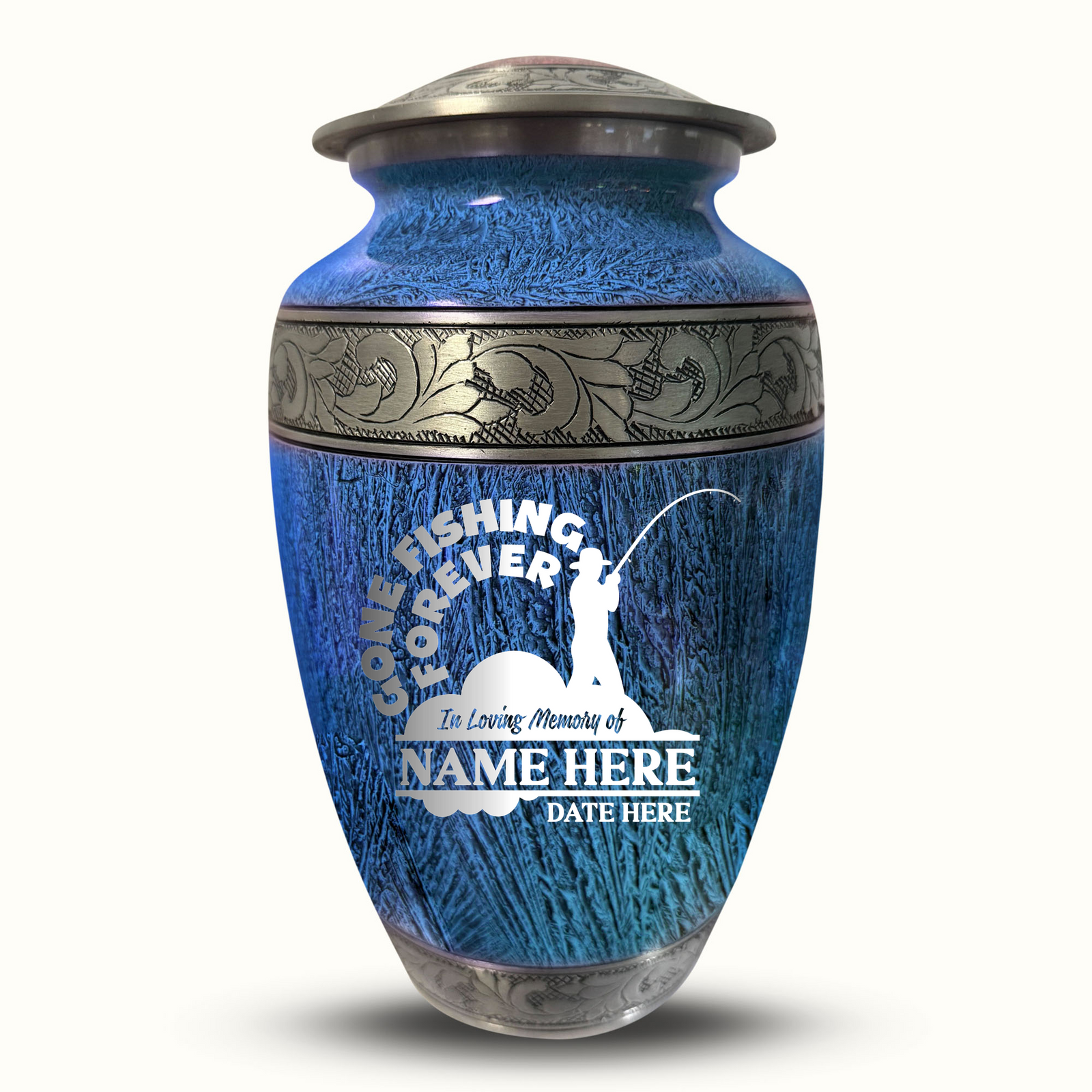 Custom Aluminum Human Urn - Elevate Collection - Funny Fishing Design - Distressed Finish - 200 Cubic Inch
