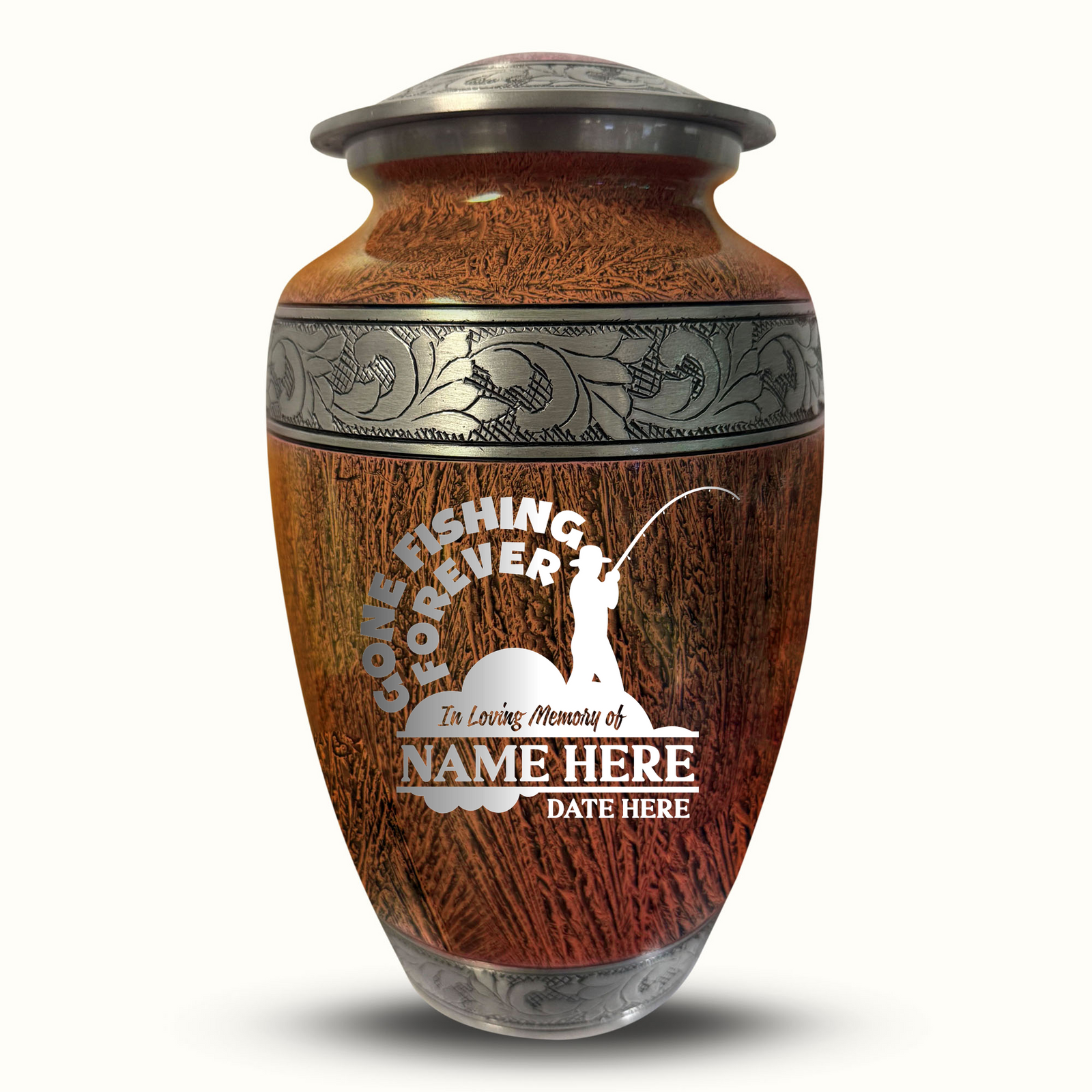 Custom Aluminum Human Urn - Elevate Collection - Funny Fishing Design - Distressed Finish - 200 Cubic Inch