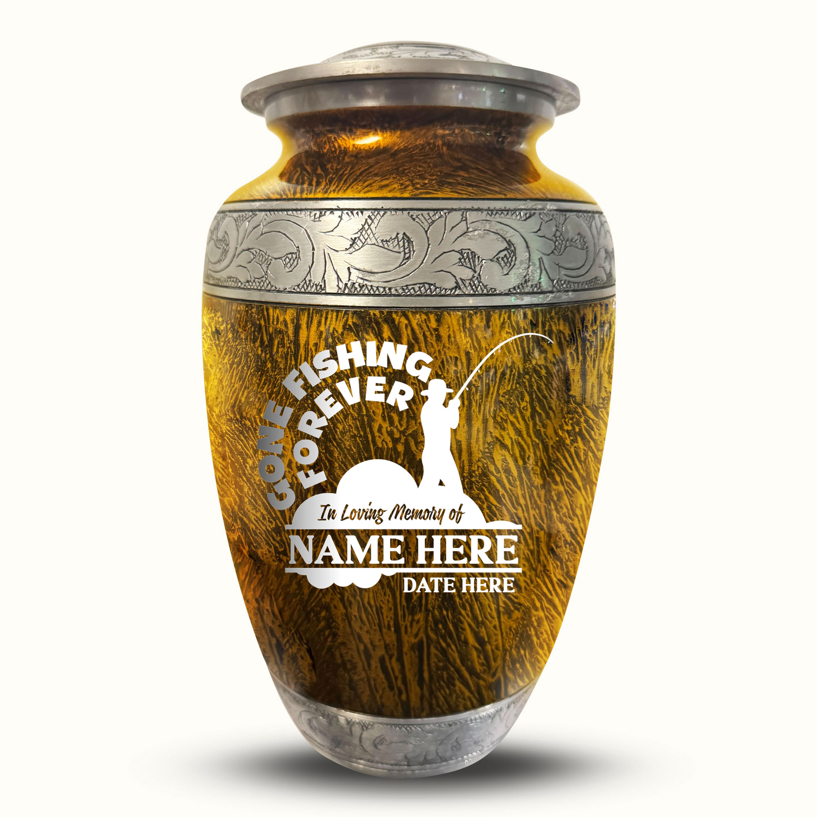 Custom Aluminum Human Urn - Elevate Collection - Funny Fishing Design - Distressed Finish - 200 Cubic Inch