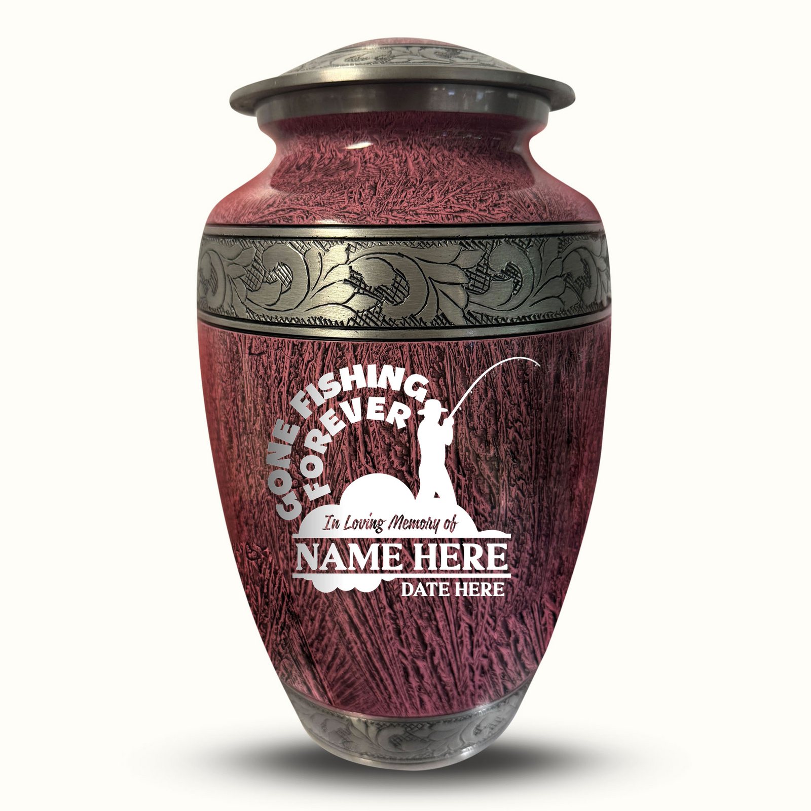Custom Aluminum Human Urn - Elevate Collection - Funny Fishing Design - Distressed Finish - 200 Cubic Inch