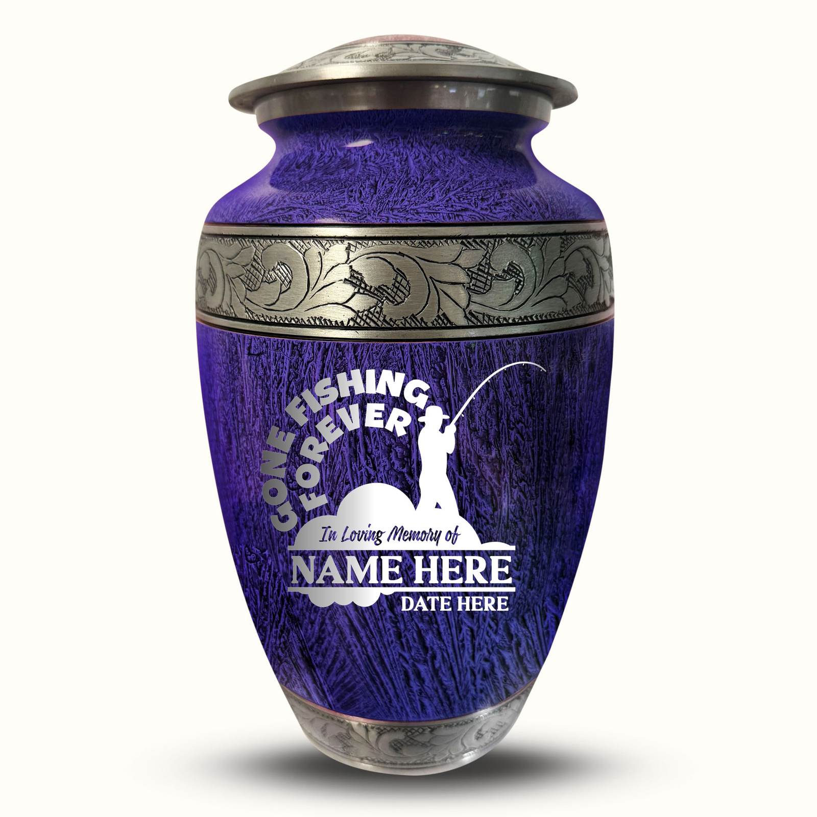Custom Aluminum Human Urn - Elevate Collection - Funny Fishing Design - Distressed Finish - 200 Cubic Inch