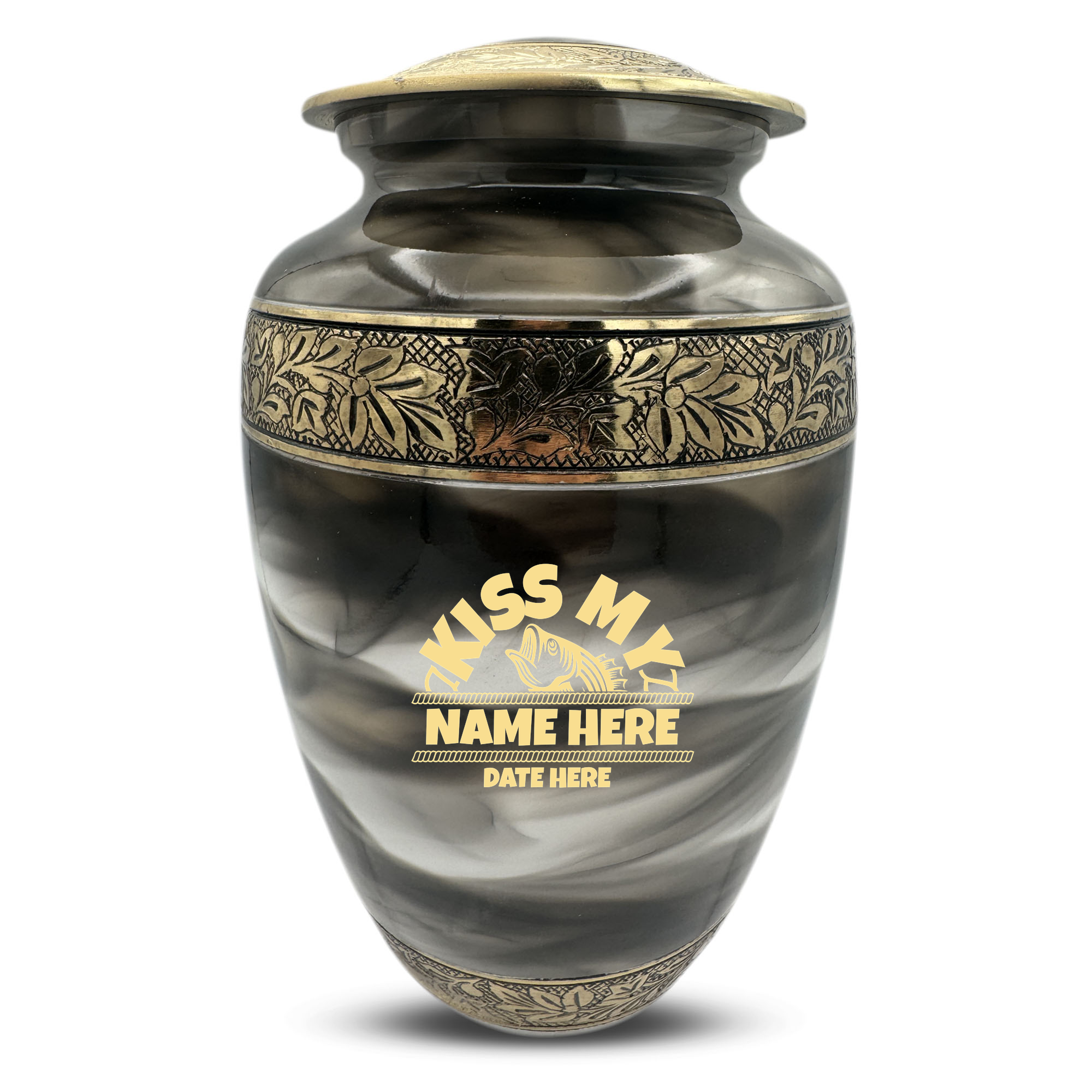 Custom Aluminum Cremation Urn for Human Ashes - Suzesta Pearl White Memorial Urn - Funny Fishing Design - 200 Cubic Inch