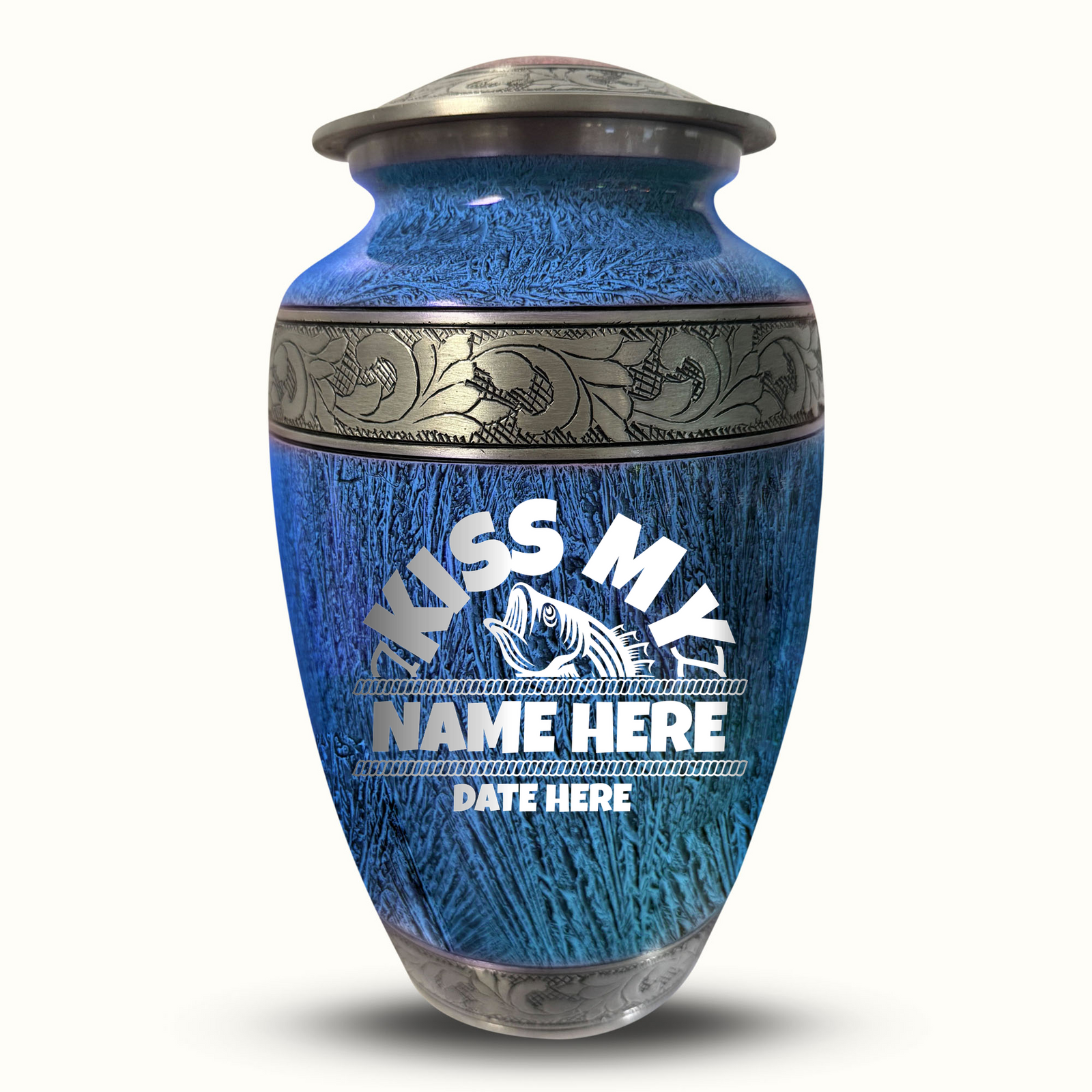 Custom Aluminum Human Urn - Elevate Collection - Funny Fishing Design - Distressed Finish - 200 Cubic Inch