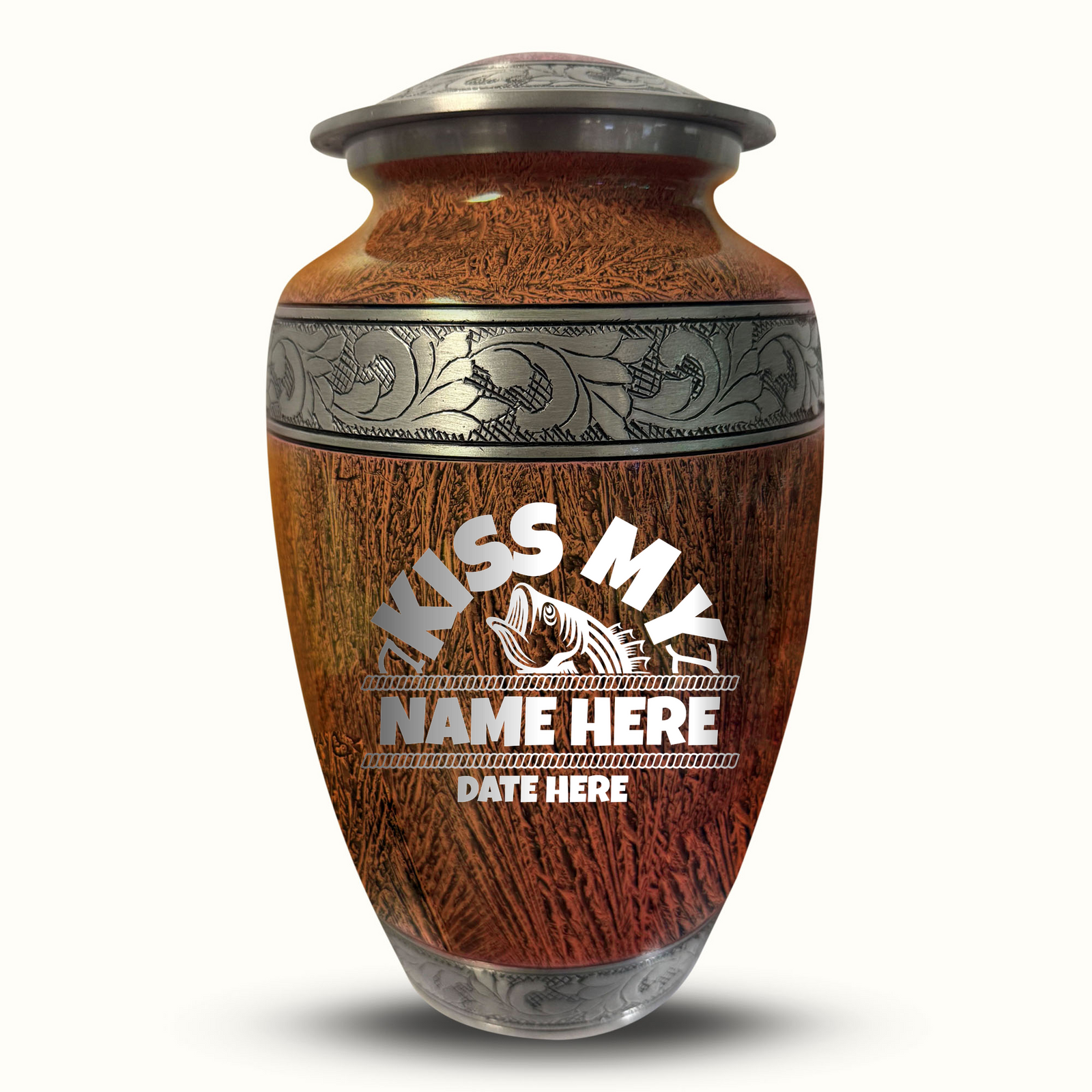 Custom Aluminum Human Urn - Elevate Collection - Funny Fishing Design - Distressed Finish - 200 Cubic Inch