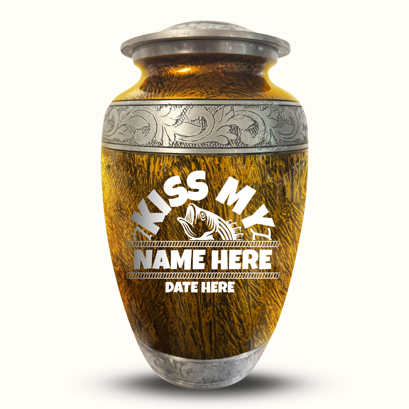 Custom Aluminum Human Urn - Elevate Collection - Funny Fishing Design - Distressed Finish - 200 Cubic Inch