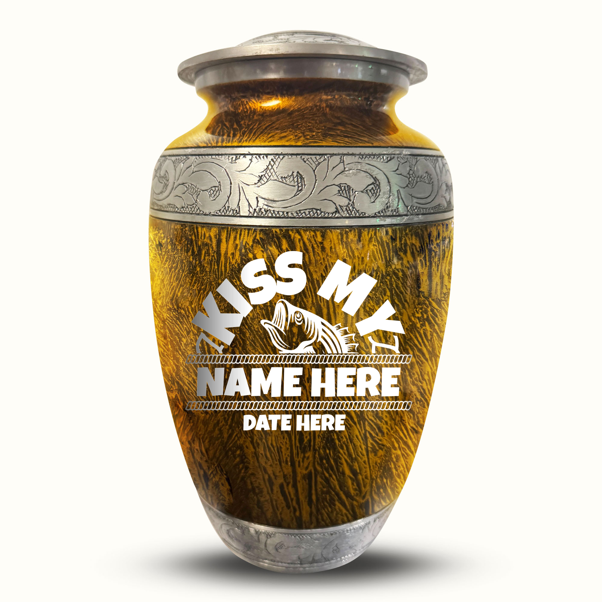 Custom Large Cremation Urn for Human Ashes - Elevate Collection - Funny Fishing Design - Distressed Finish - 200 Cubic Inch