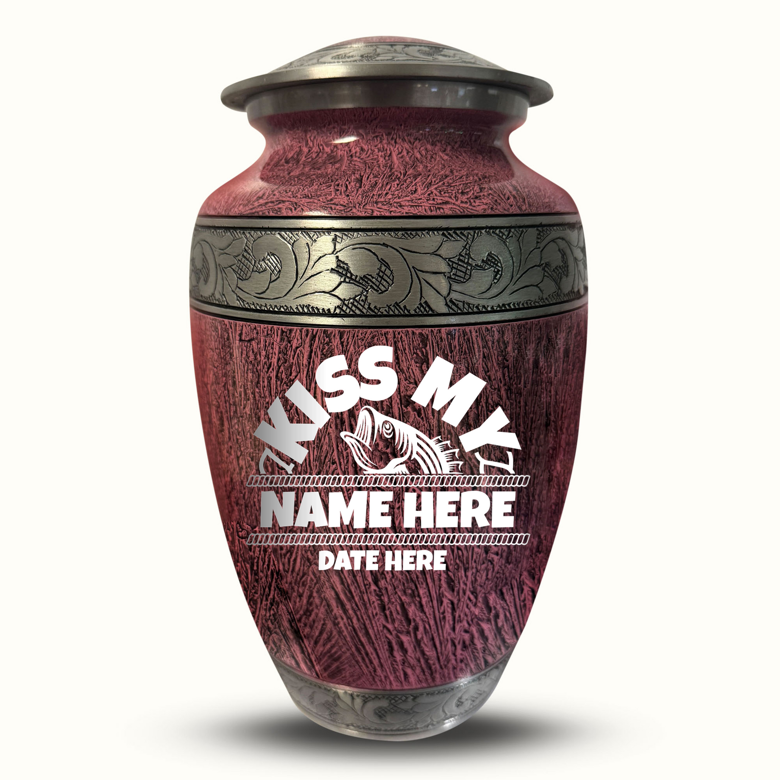 Custom Aluminum Human Urn - Elevate Collection - Funny Fishing Design - Distressed Finish - 200 Cubic Inch