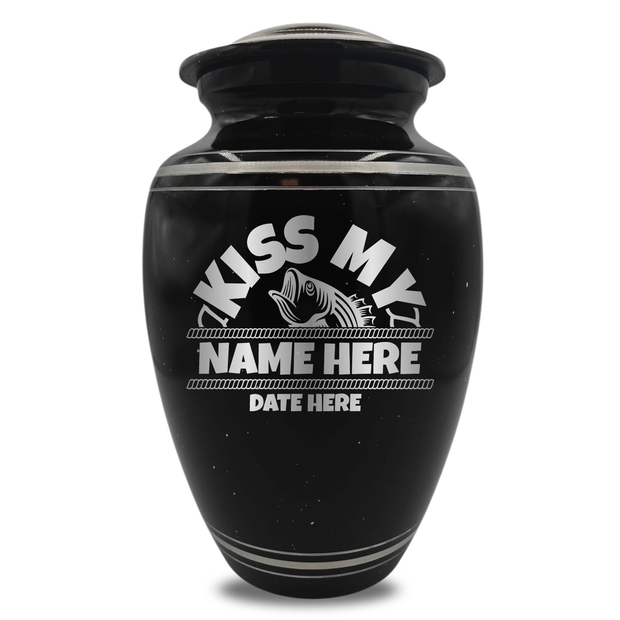 Spotted Black Aluminum with Silver Rim Human Cremation Urn - 200 Cubic Inch | Bass Fishing Humor