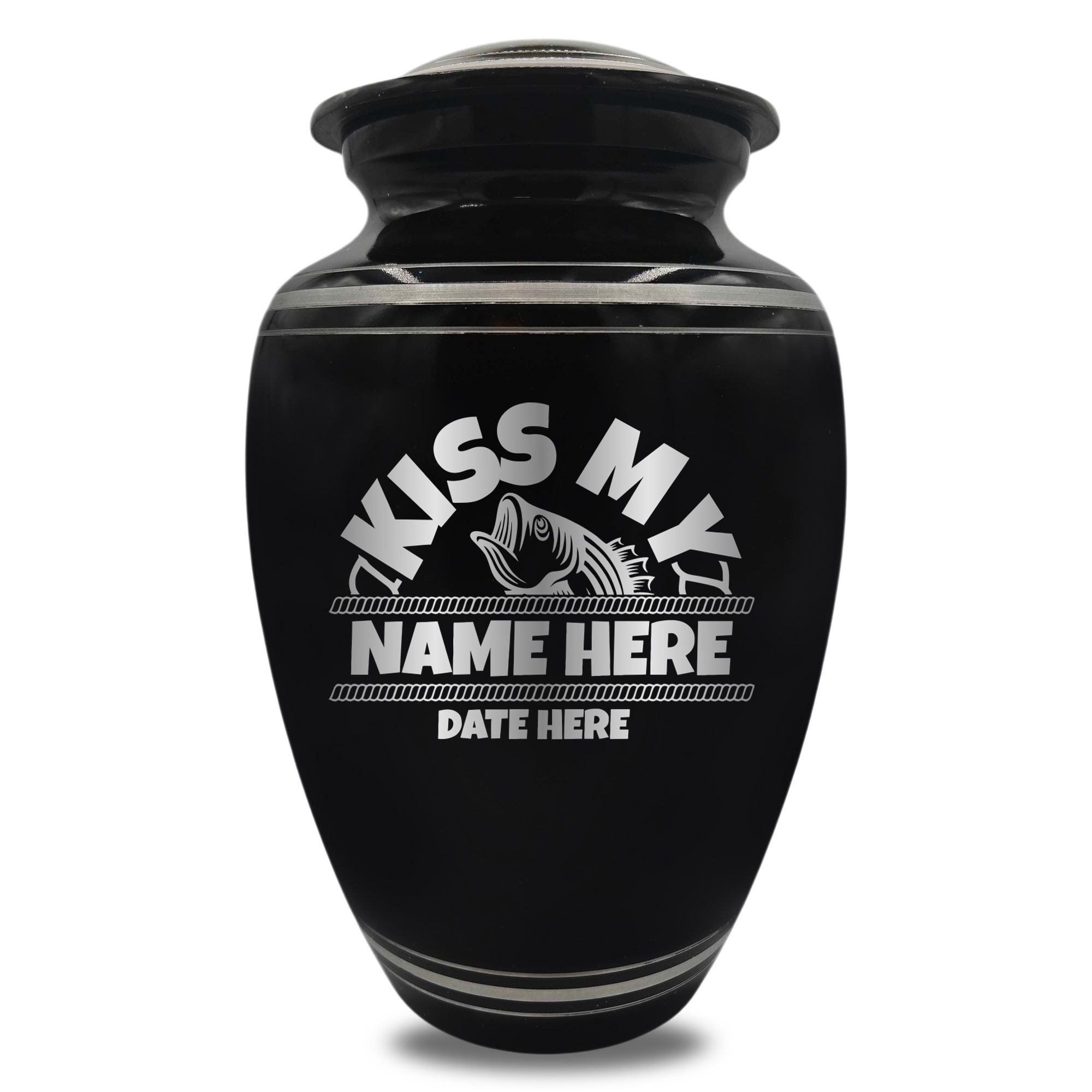Polished Aluminum with Silver Rim Human Cremation Urn - 200 Cubic Inch | Bass Fishing Humor