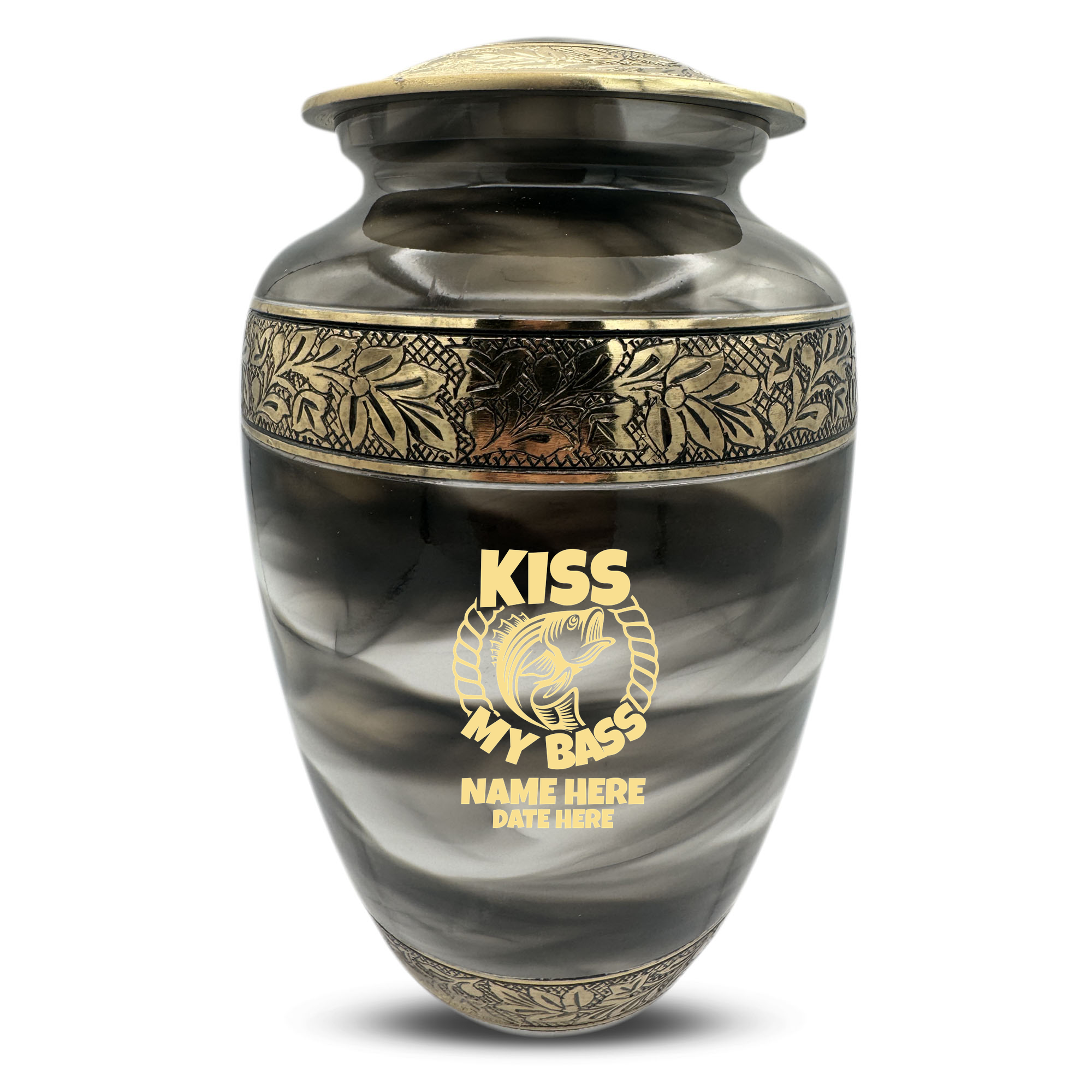 Custom Aluminum Cremation Urn for Human Ashes - Suzesta Pearl White Memorial Urn - Funny Fishing Design - 200 Cubic Inch