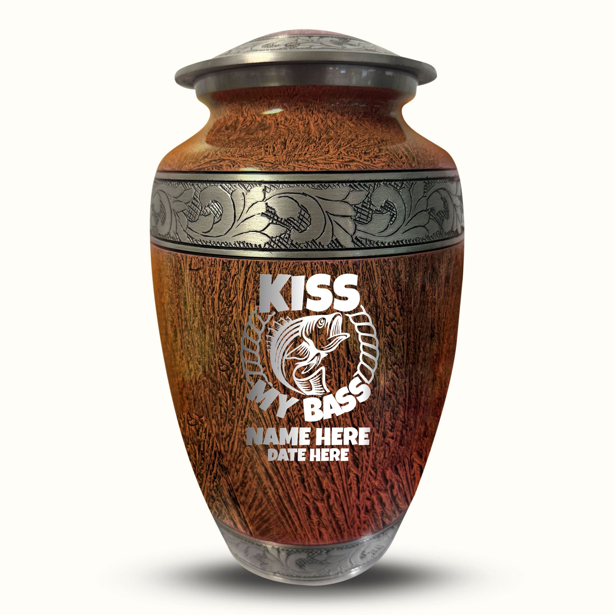 Custom Large Cremation Urn for Human Ashes - Elevate Collection - Funny Fishing Design - Distressed Finish - 200 Cubic Inch