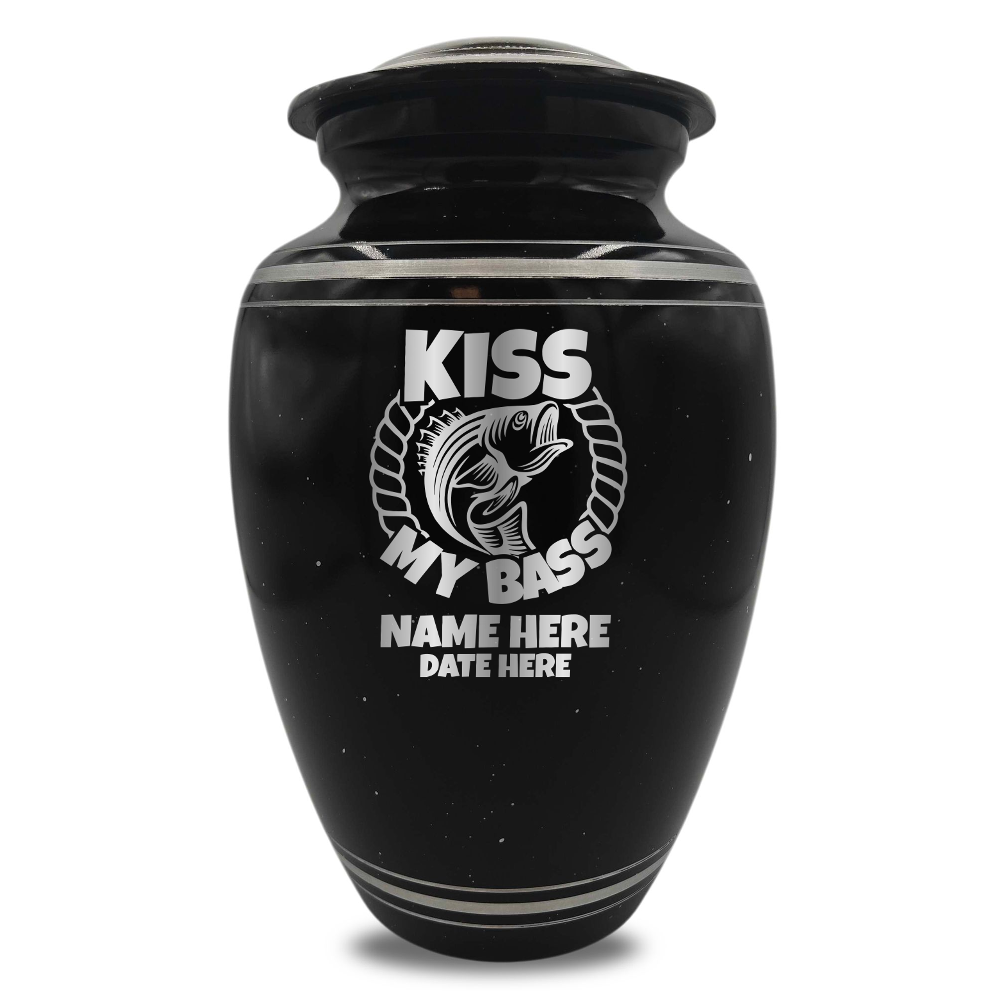 Spotted Black Aluminum with Silver Rim Human Cremation Urn - 200 Cubic Inch | Bass Fishing Humor
