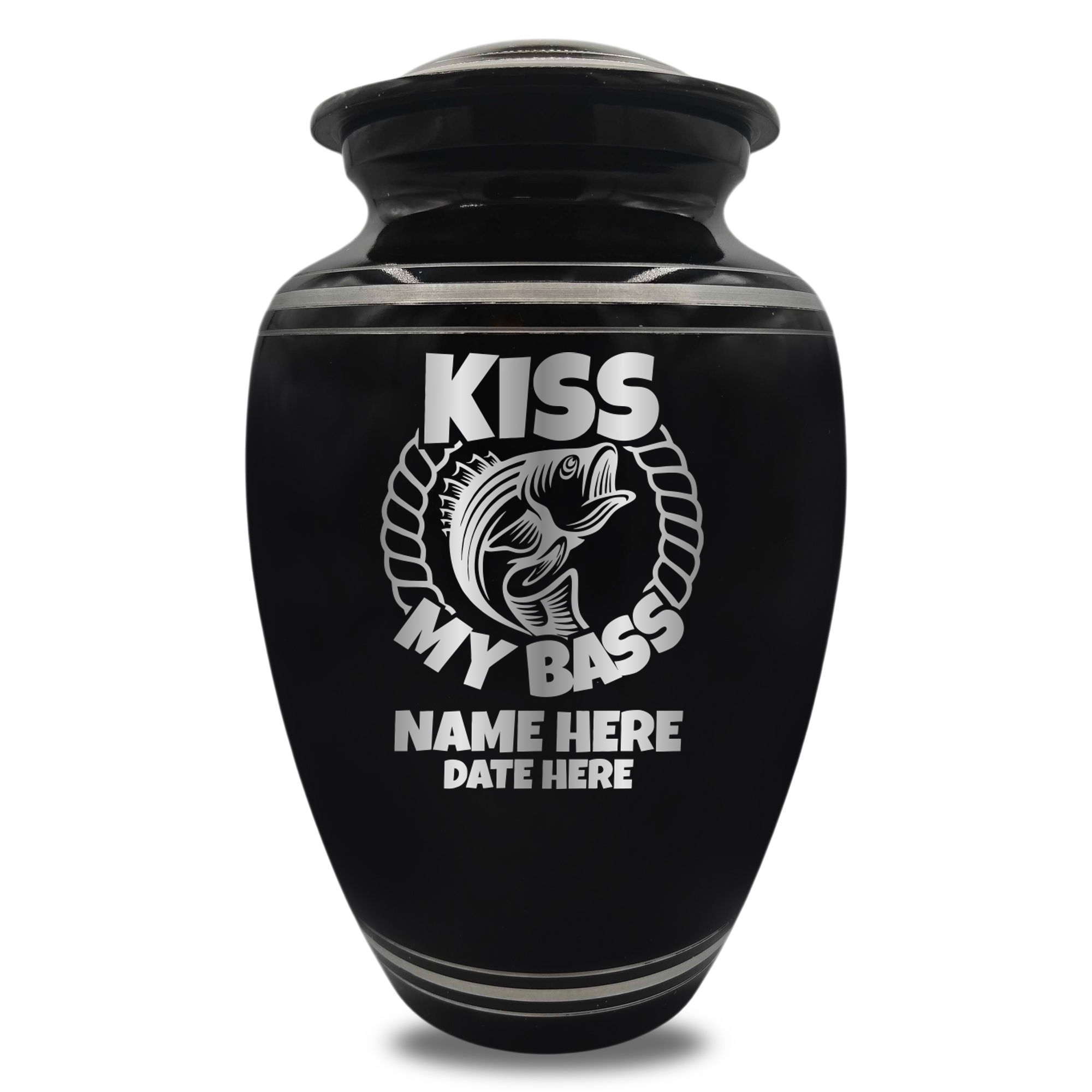 Polished Aluminum with Silver Rim Human Cremation Urn - 200 Cubic Inch | Bass Fishing Humor