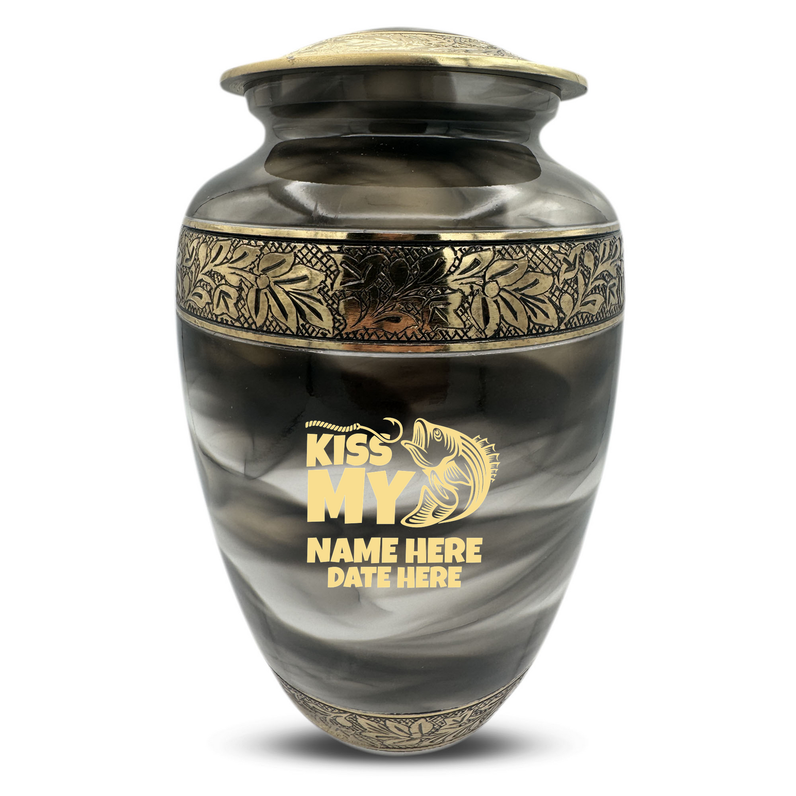 Custom Aluminum Human Urns - Suzesta Pearl White Memorial Urn - Funny Fishing Design - 200 Cubic Inch