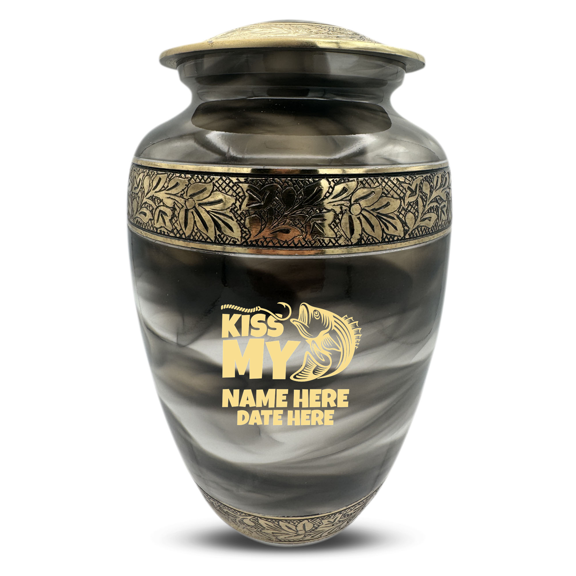 Custom Aluminum Cremation Urn for Human Ashes - Suzesta Pearl White Memorial Urn - Funny Fishing Design - 200 Cubic Inch