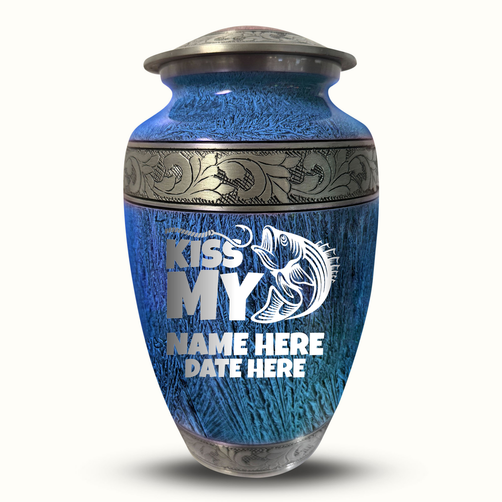 Custom Aluminum Human Urn - Elevate Collection - Funny Fishing Design - Distressed Finish - 200 Cubic Inch